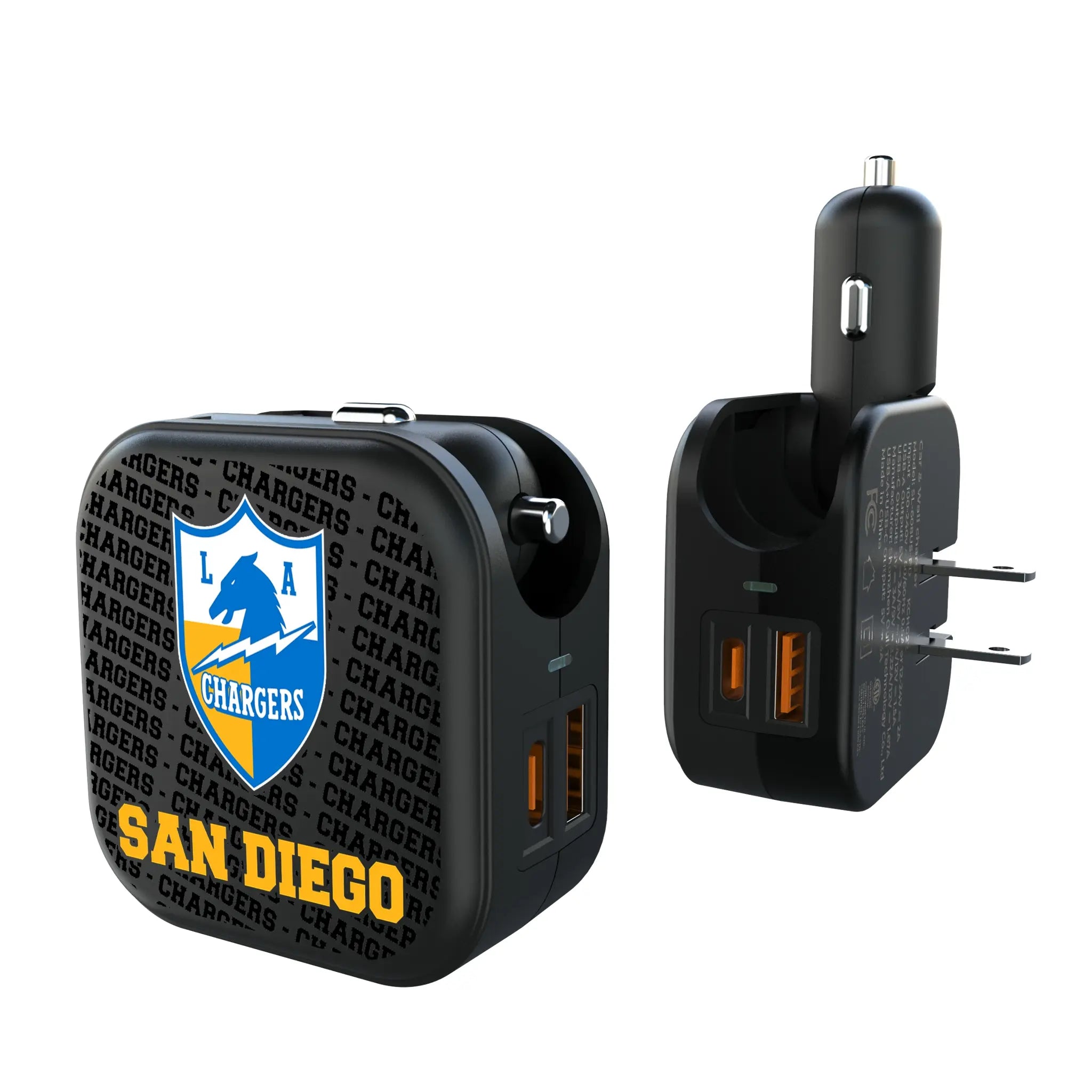 Los Angeles Chargers Historic Collection Text Backdrop 2 in 1 USB A/C Charger