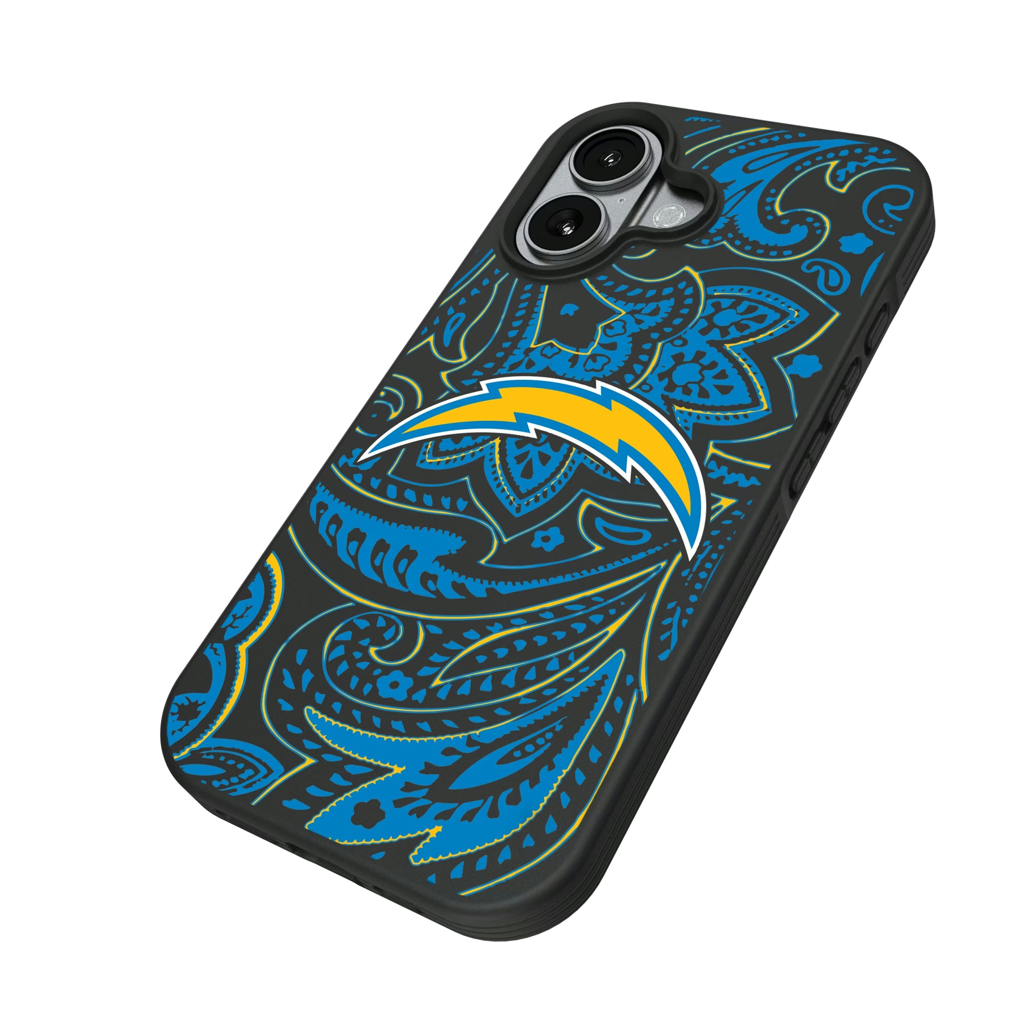 Los Angeles Chargers Paisley iPhone Bump Phone Case for Apple iPhone - Isometric View#Device_iPhone 17