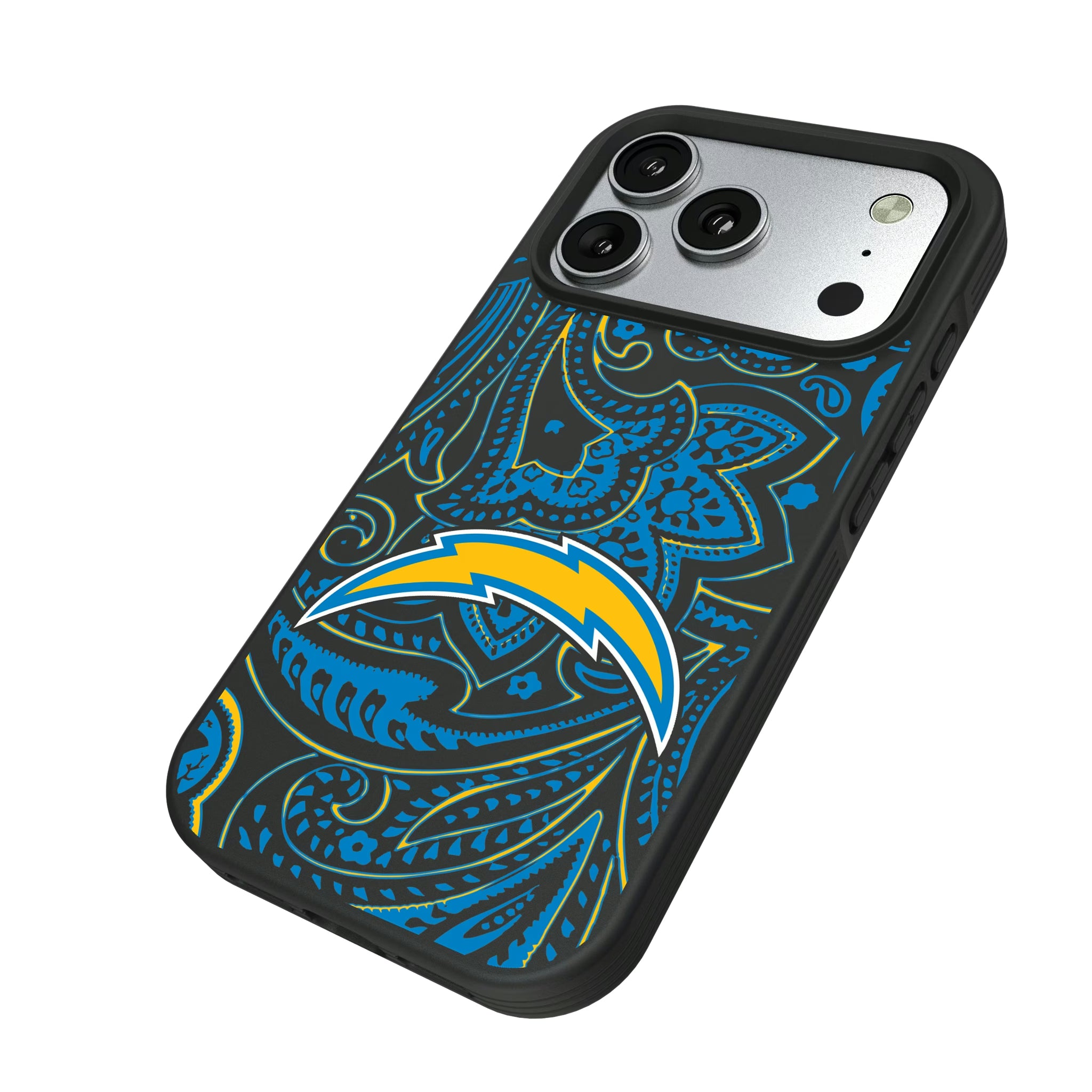 Los Angeles Chargers Paisley iPhone Bump Phone Case for Apple iPhone - Isometric View#Device_iPhone 17 Pro