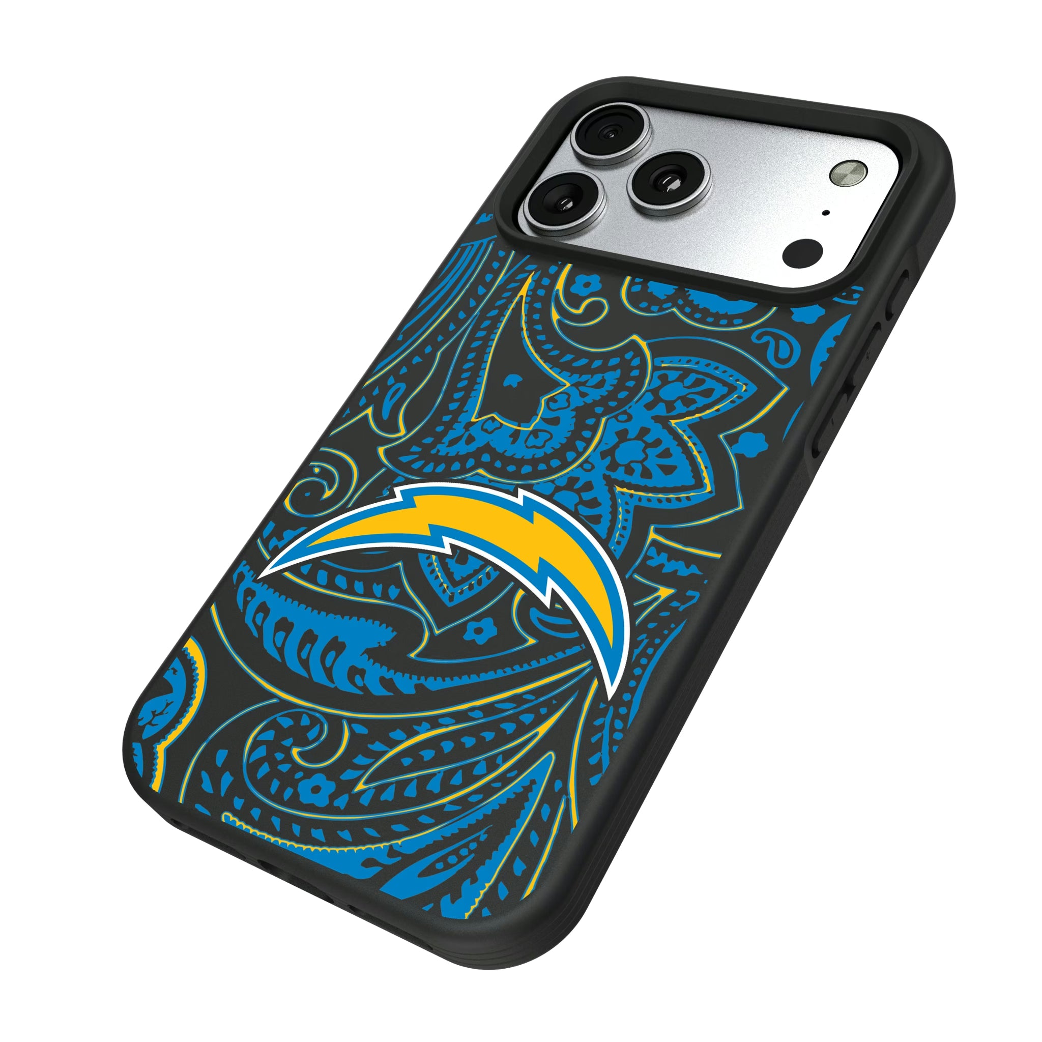 Los Angeles Chargers Paisley iPhone Bump Phone Case for Apple iPhone - Isometric View#Device_iPhone 17 Pro Max
