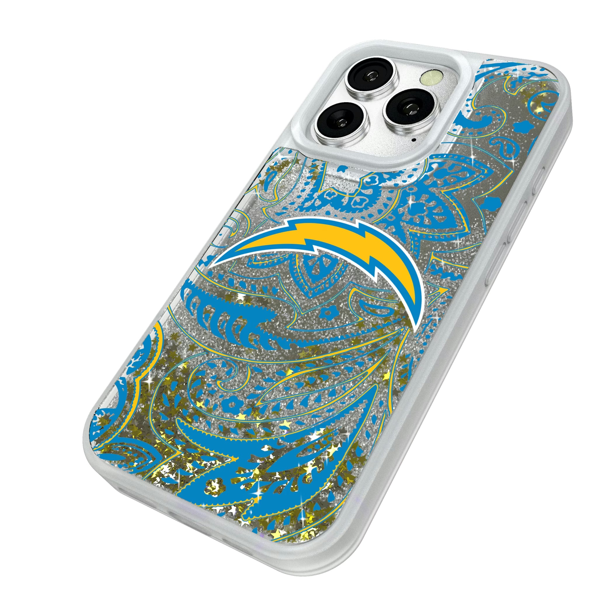 Los Angeles Chargers Paisley iPhone Glitter Phone Case for Apple iPhone - Isometric View#Device_iPhone 16 Pro