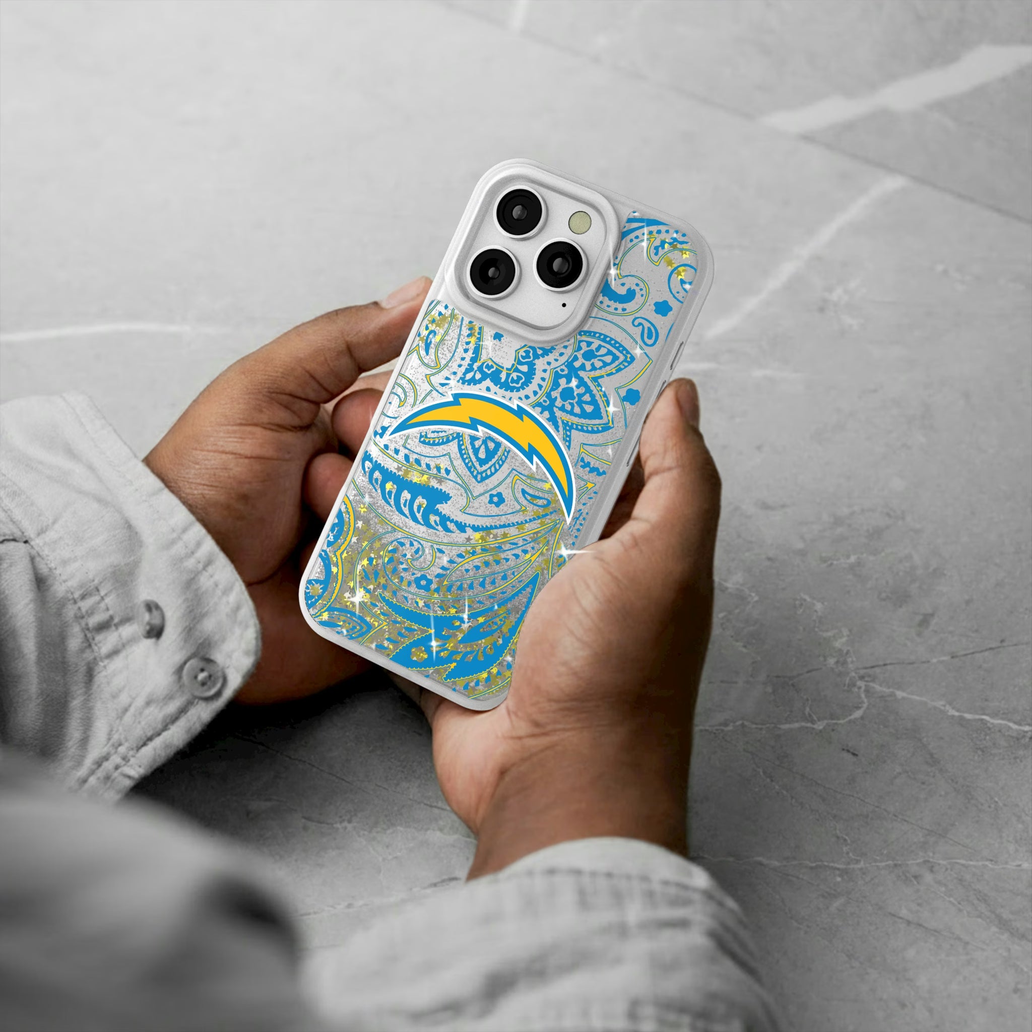 Los Angeles Chargers Paisley iPhone Glitter Phone Case for Apple iPhone - Lifestyle#Device_iPhone 16 Pro