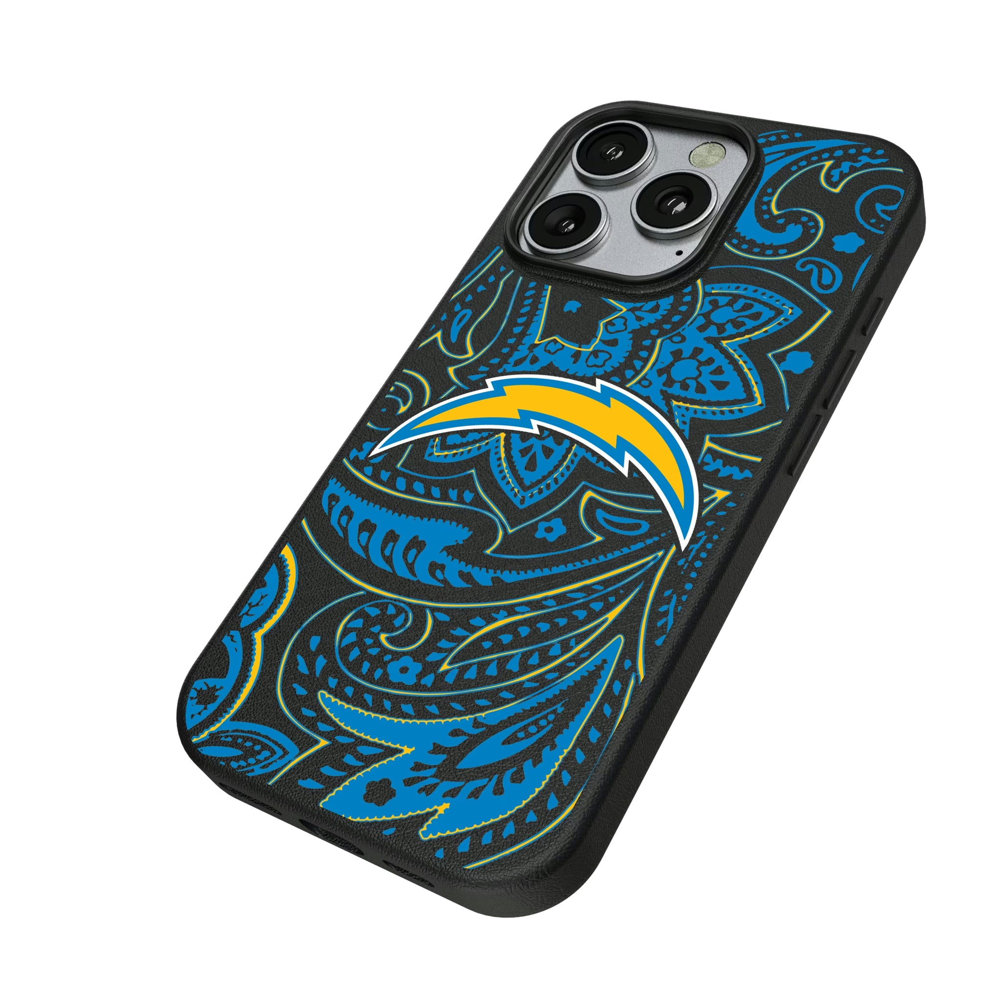 Los Angeles Chargers Paisley iPhone MagSafe Compatible Phone Case for Apple iPhone - Isometric View