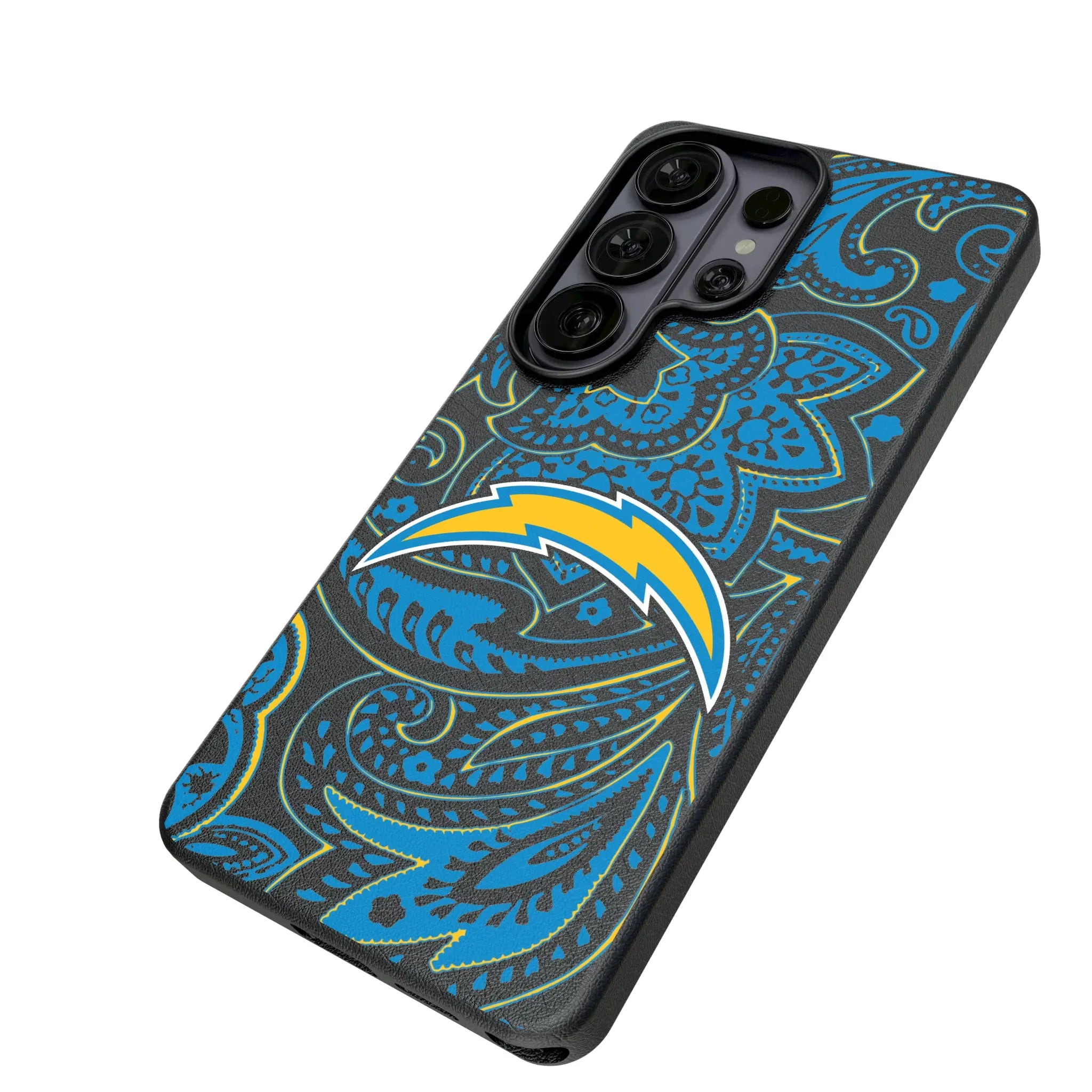 Los Angeles Chargers Paisley Galaxy MagSafe Compatible Phone Case for Samsung Galaxy - Isometric View#Device_Galaxy S26 Ultra