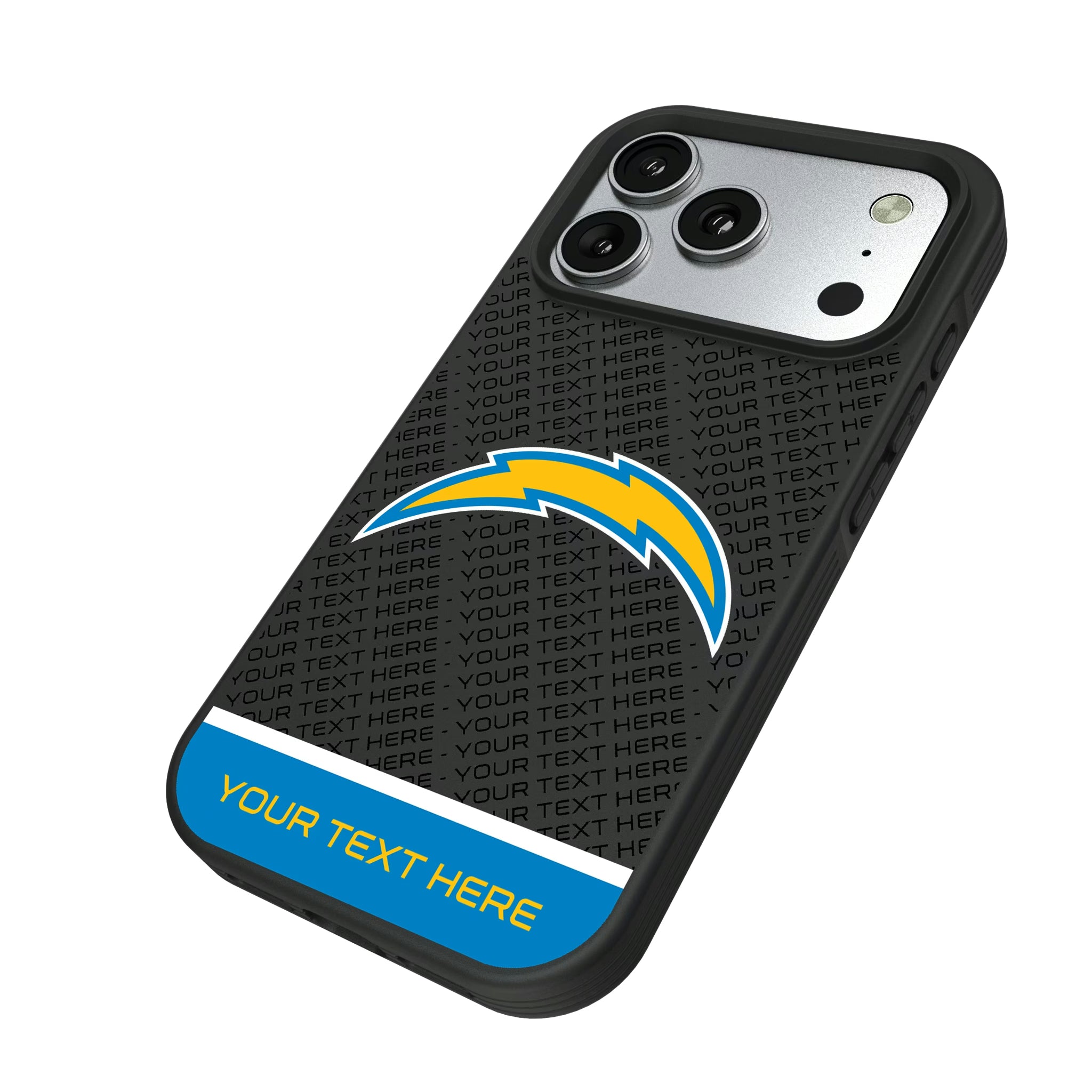 Los Angeles Chargers Personalized EndZone Plus iPhone Bump Phone Case for Apple iPhone - Isometric View#Device_iPhone 17 Pro