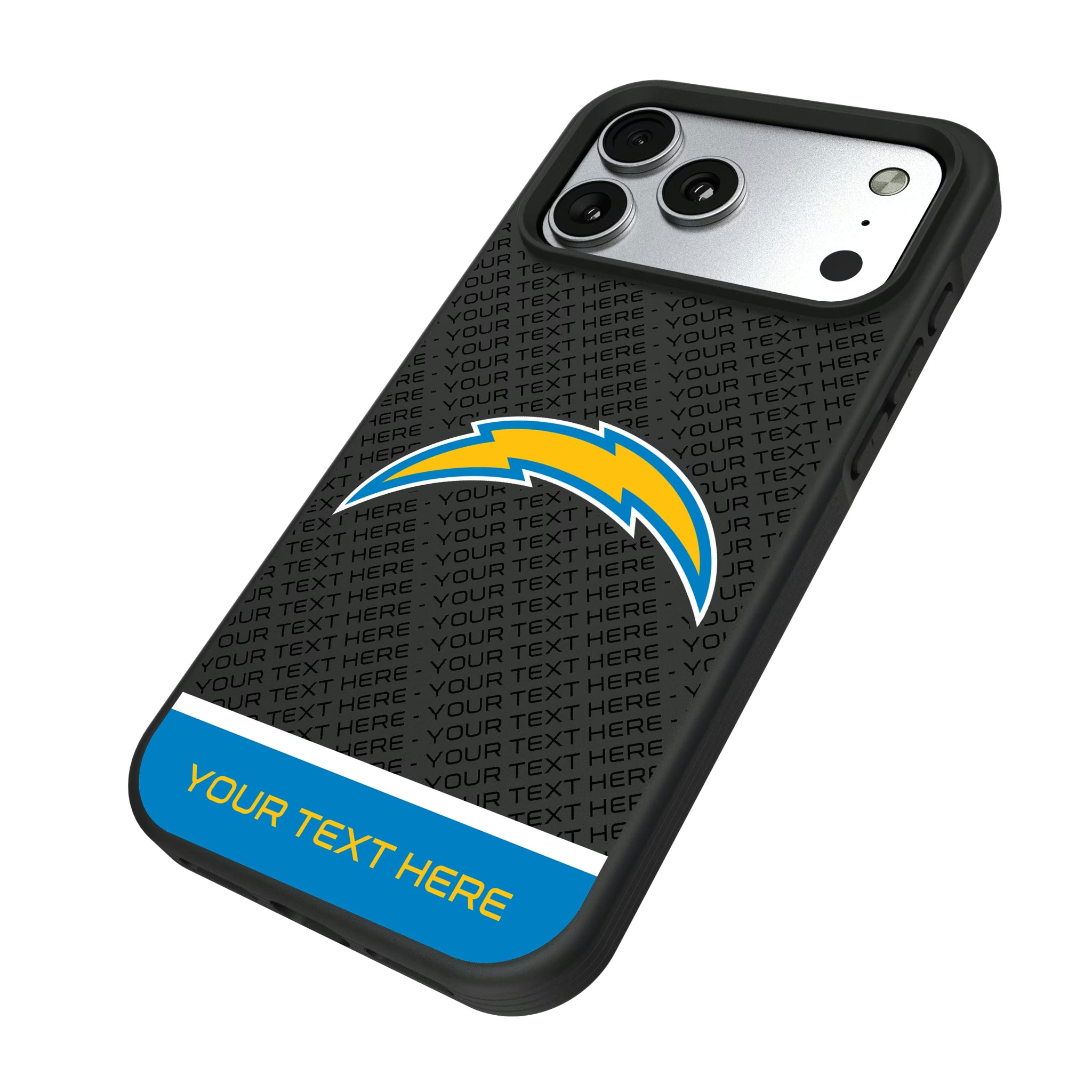 Los Angeles Chargers Personalized EndZone Plus iPhone Bump Phone Case for Apple iPhone - Isometric View#Device_iPhone 17 Pro Max