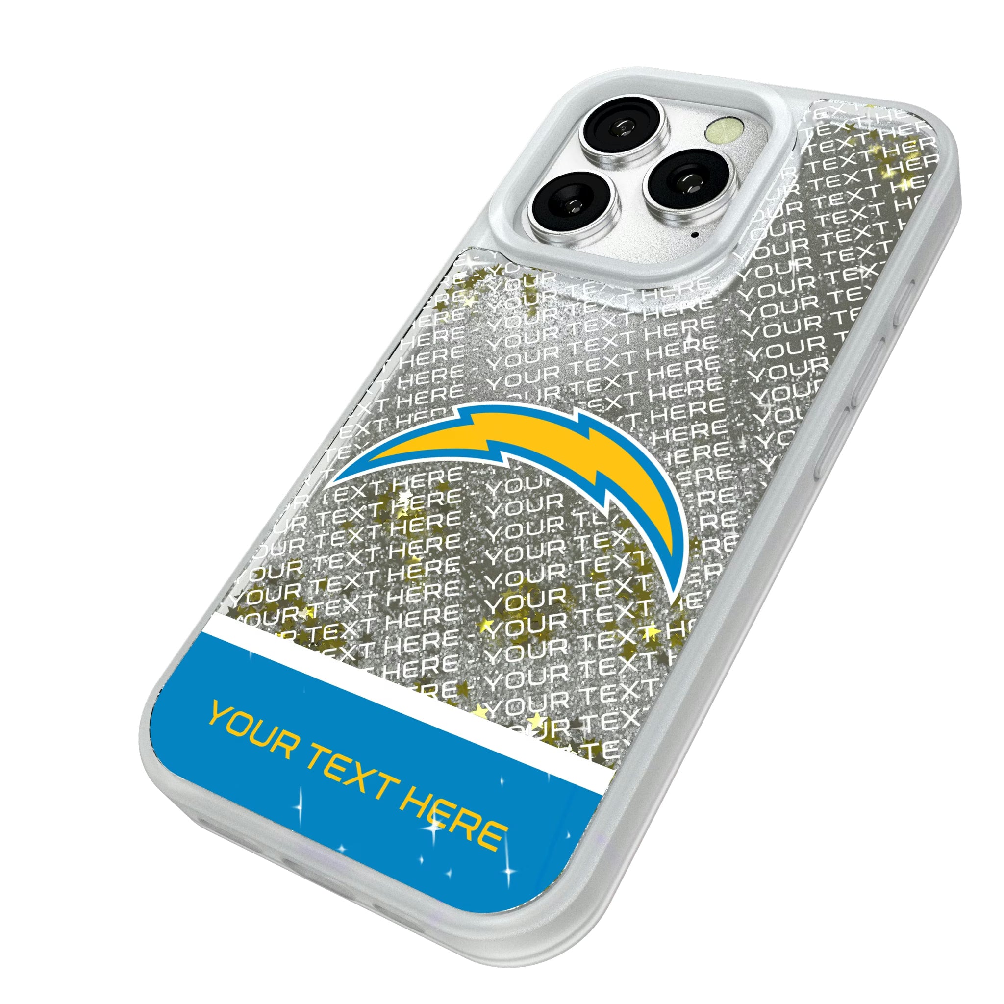 Los Angeles Chargers Personalized EndZone Plus iPhone Glitter Phone Case for Apple iPhone - Isometric View#Device_iPhone 16 Pro