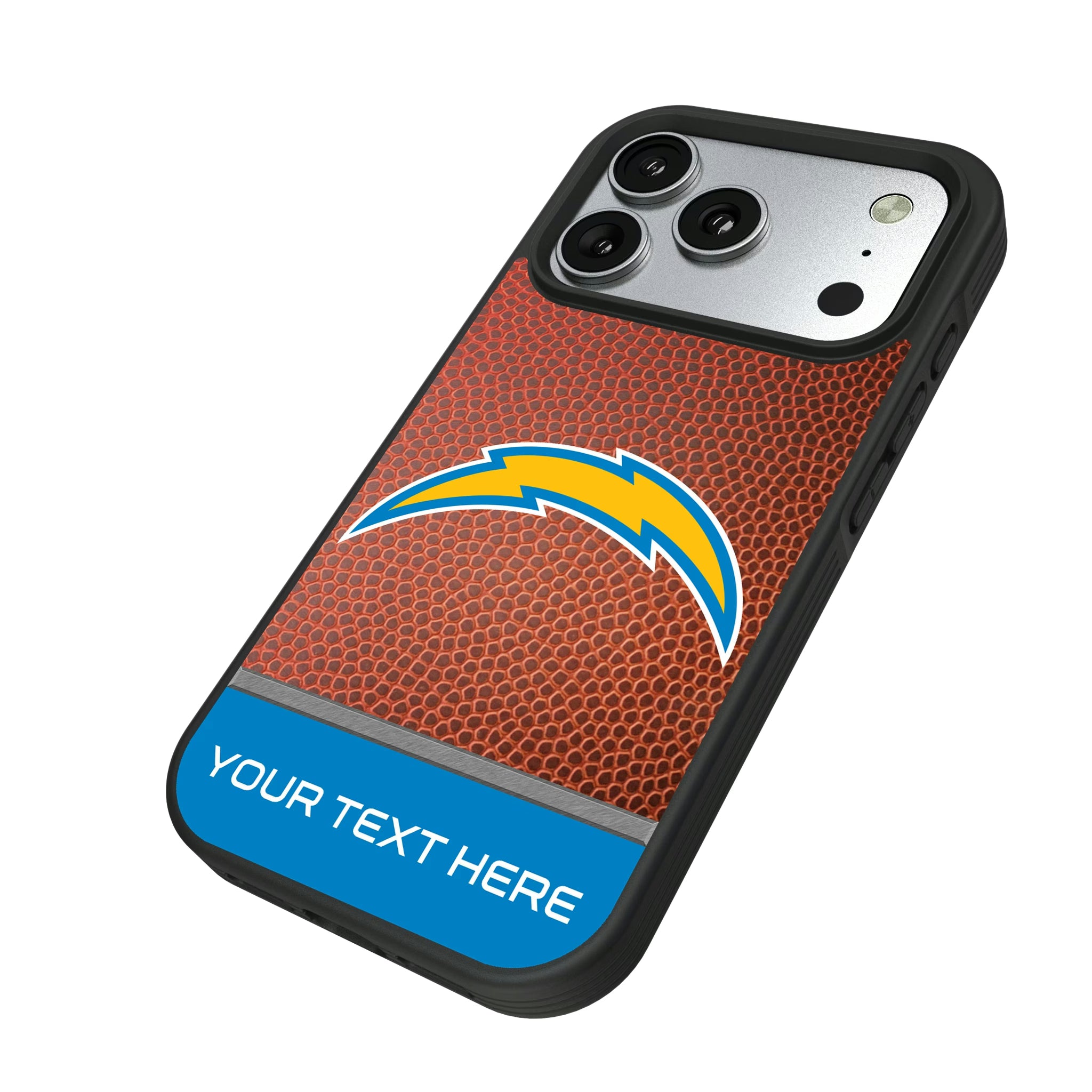 Los Angeles Chargers Personalized Football iPhone Bump Phone Case for Apple iPhone - Isometric View#Device_iPhone 17 Pro