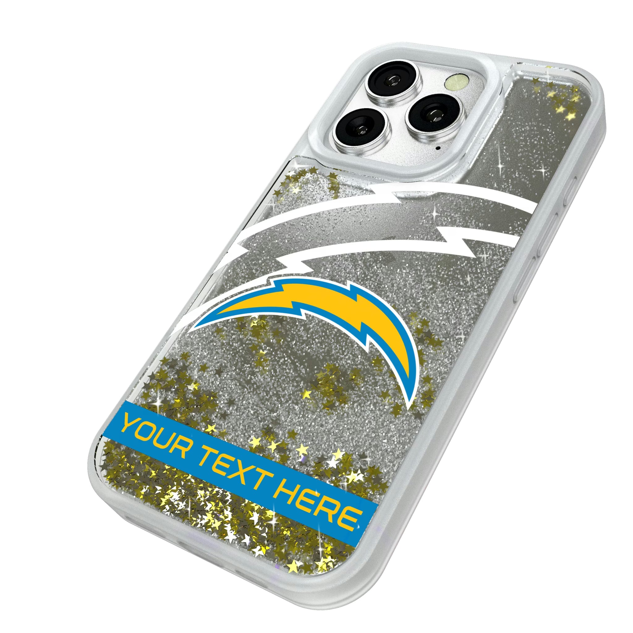 Los Angeles Chargers Personalized Tilt iPhone Glitter Phone Case for Apple iPhone - Isometric View#Device_iPhone 16 Pro