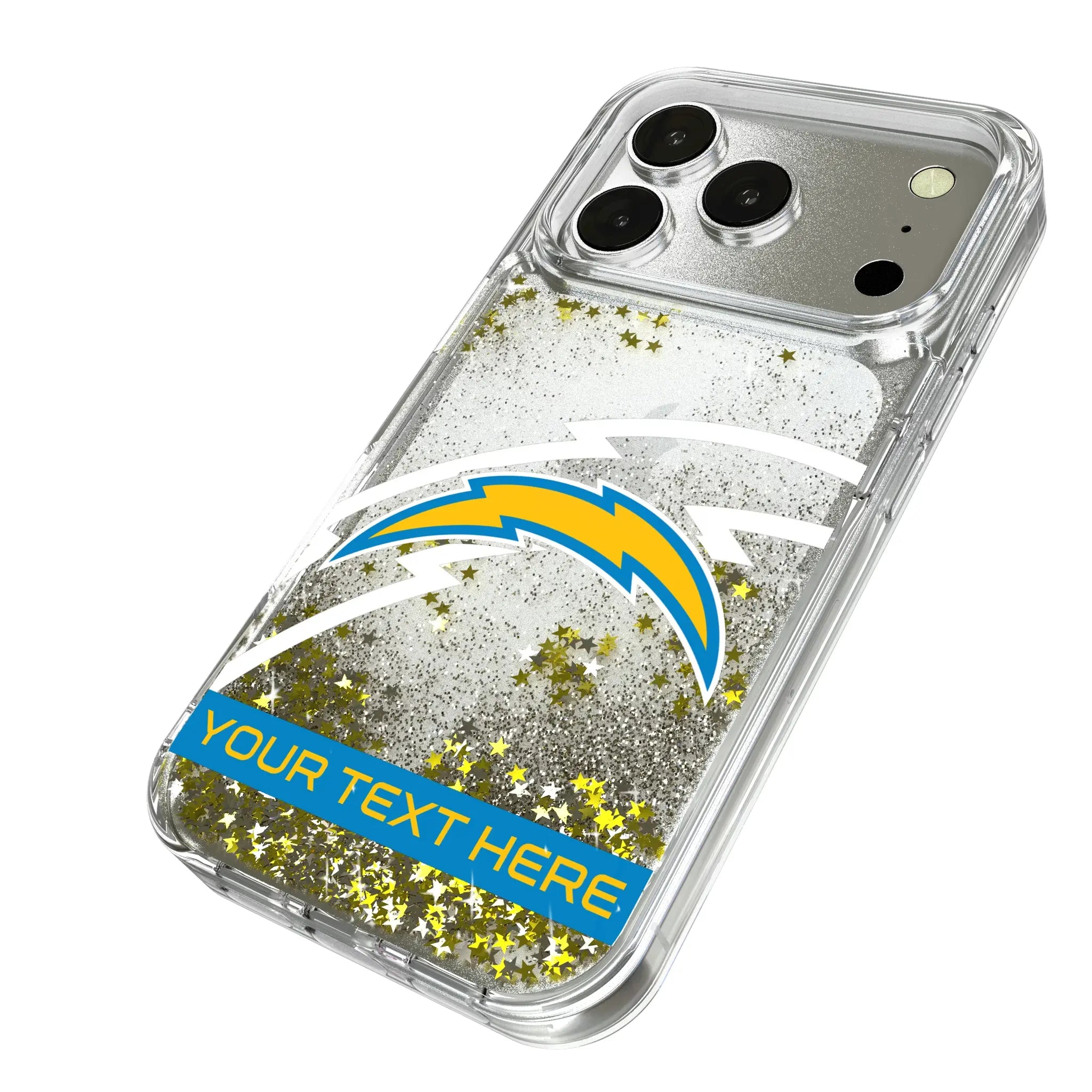 Los Angeles Chargers Personalized Tilt iPhone Glitter Phone Case for Apple iPhone - Isometric View