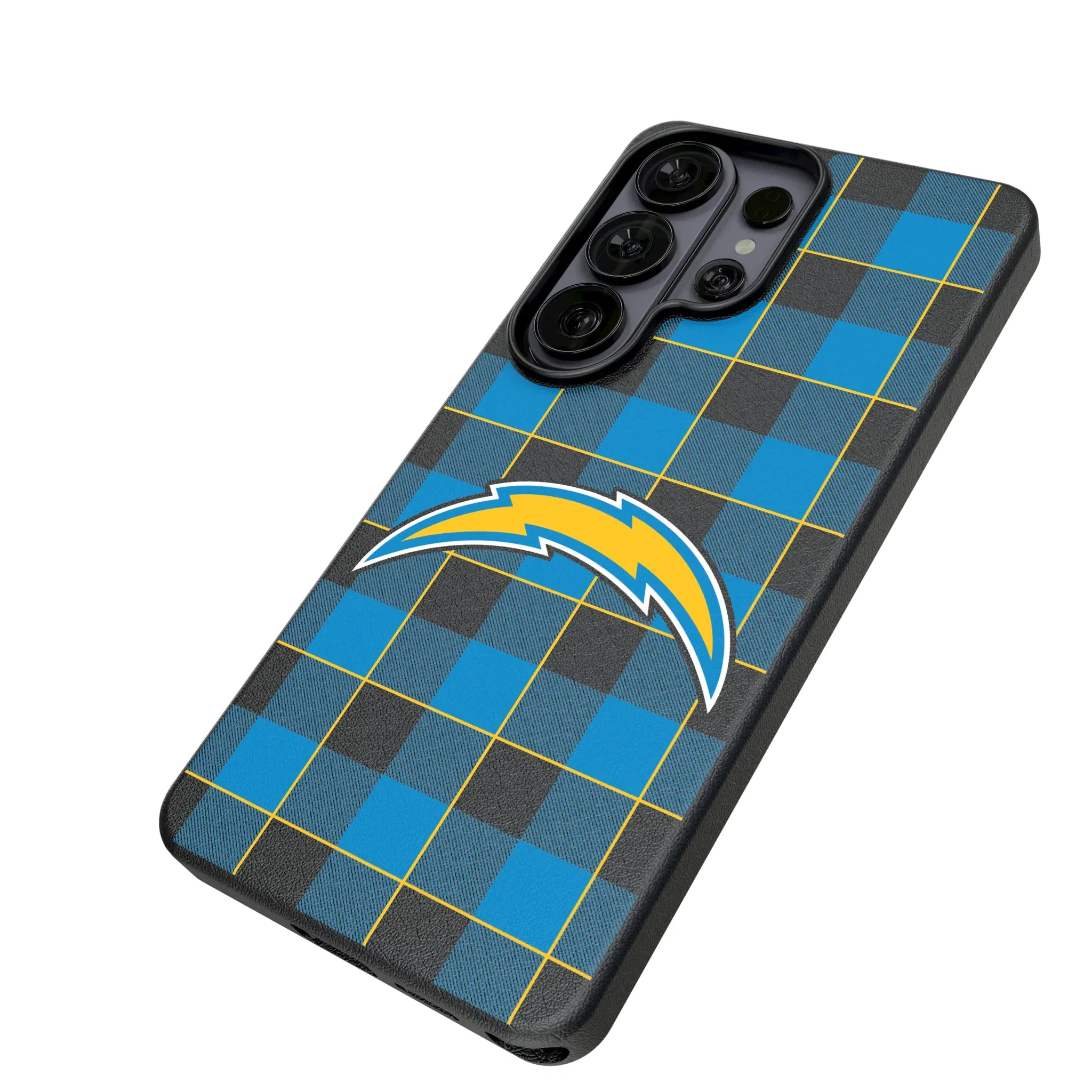 Los Angeles Chargers Plaid Galaxy MagSafe Compatible Phone Case for Samsung Galaxy - Isometric View#Device_Galaxy S26 Ultra