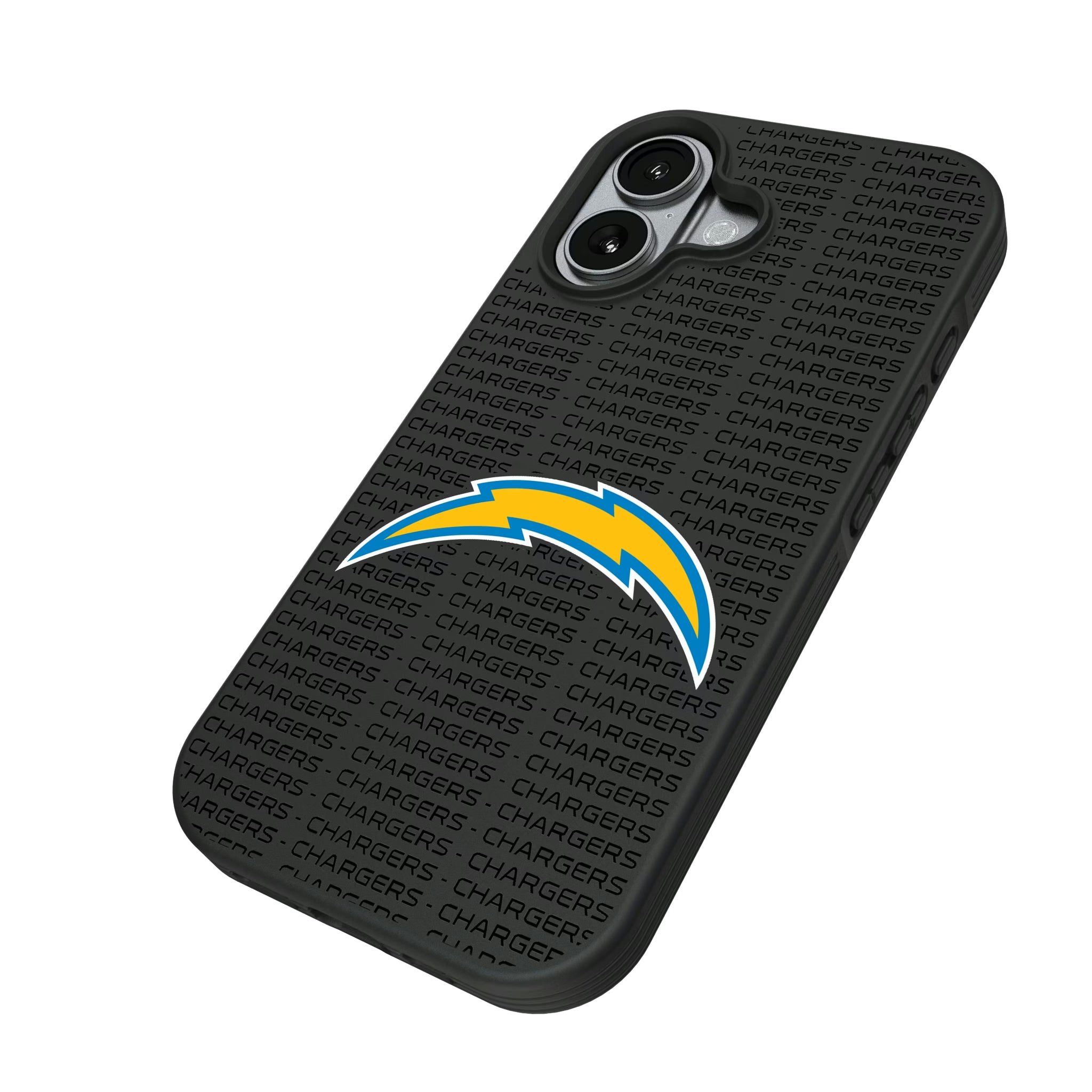 Los Angeles Chargers Text Backdrop iPhone Bump Phone Case for Apple iPhone - Isometric View#Device_iPhone 17