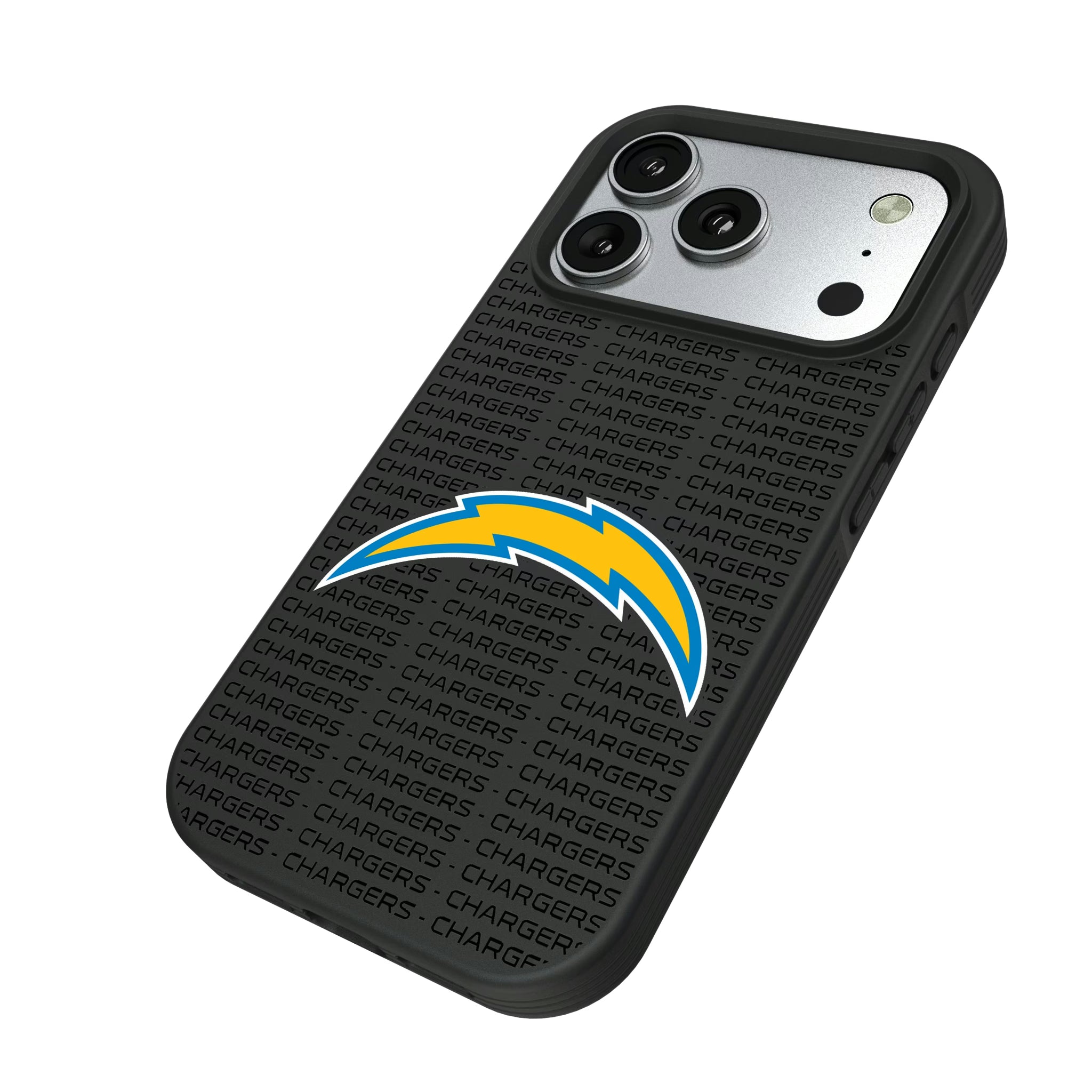 Los Angeles Chargers Text Backdrop iPhone Bump Phone Case for Apple iPhone - Isometric View#Device_iPhone 17 Pro