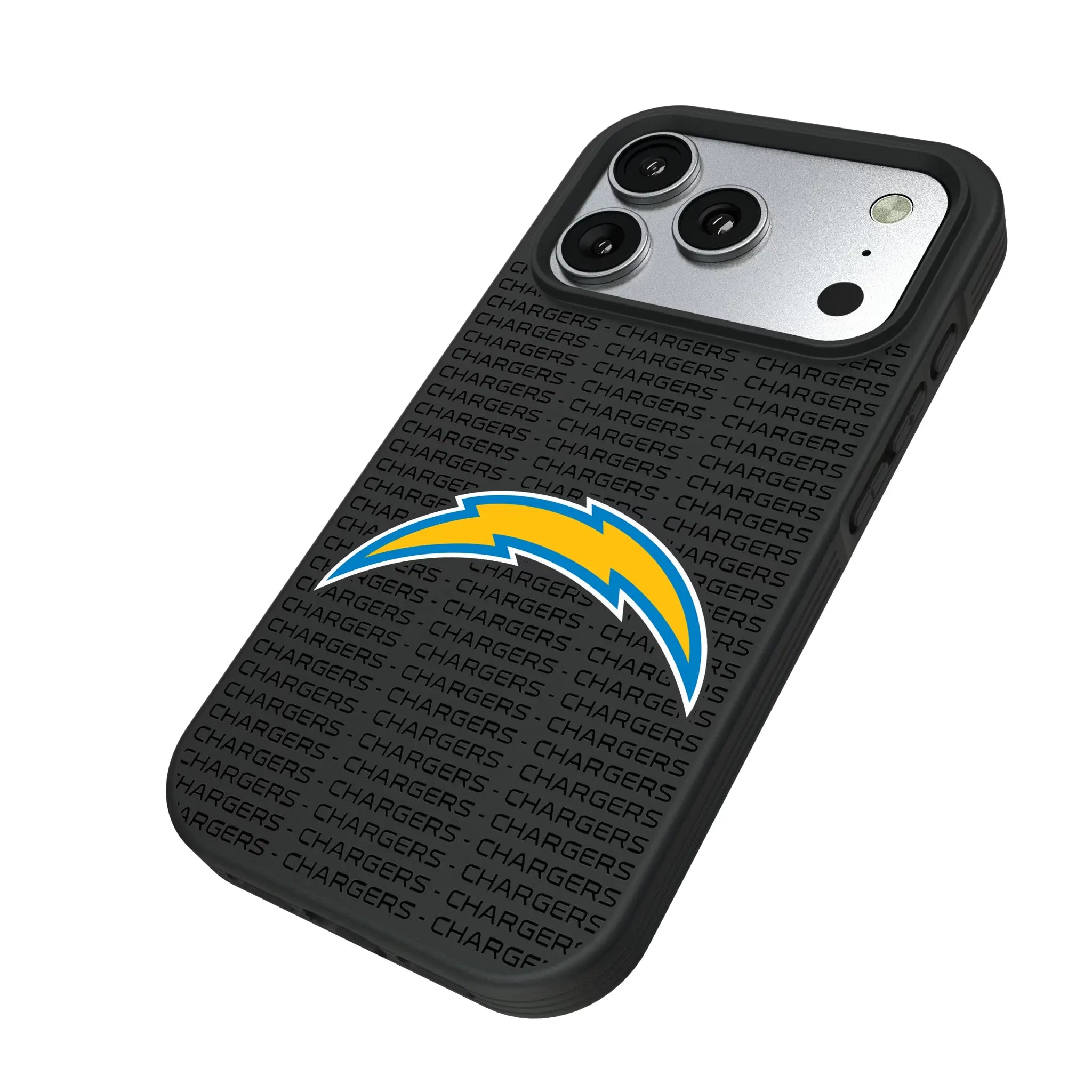 Los Angeles Chargers Text Backdrop iPhone Bump Phone Case for Apple iPhone - Isometric View#Device_iPhone 17 Pro