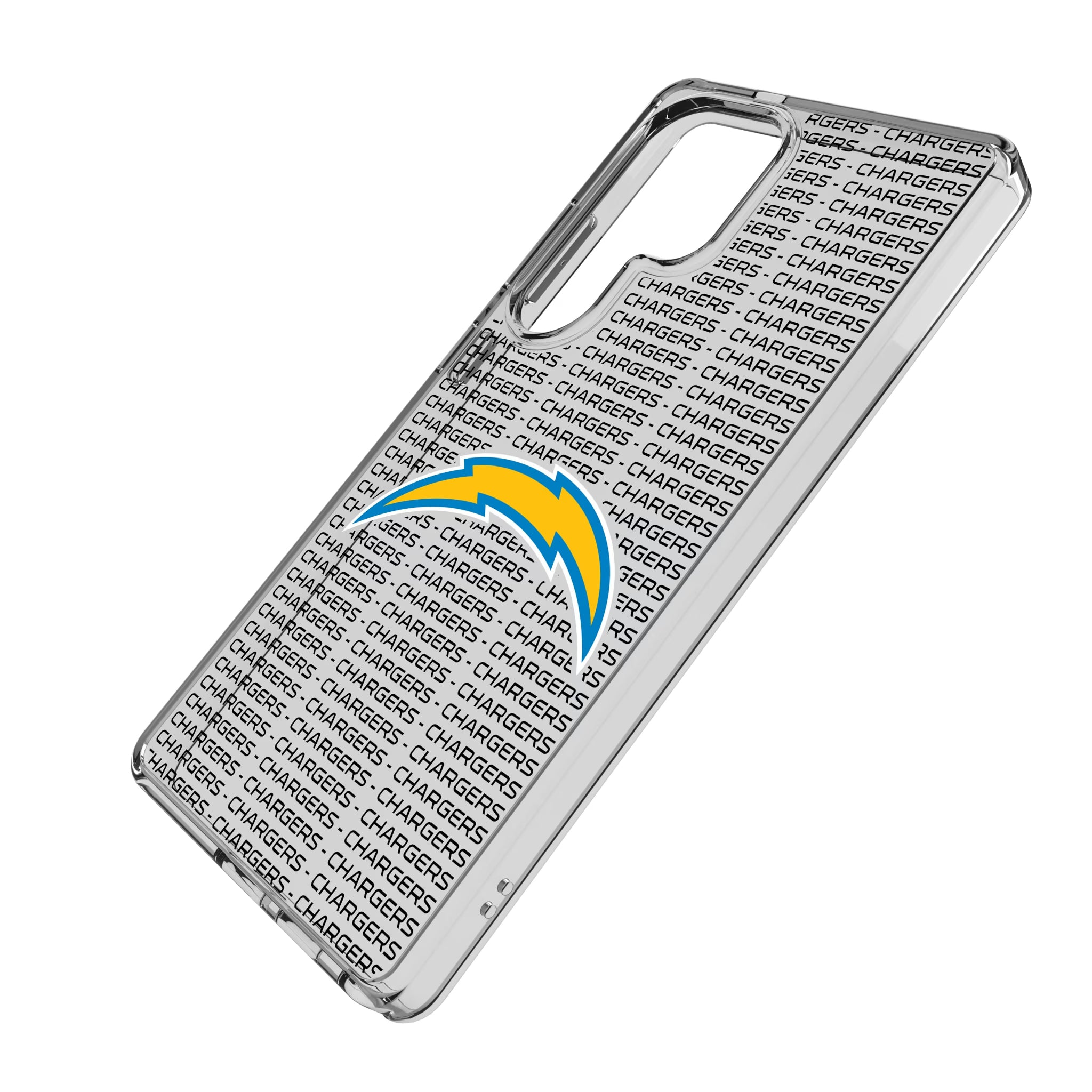 Los Angeles Chargers Text Backdrop Galaxy Clear Phone Case for Samsung Galaxy - Isometric View