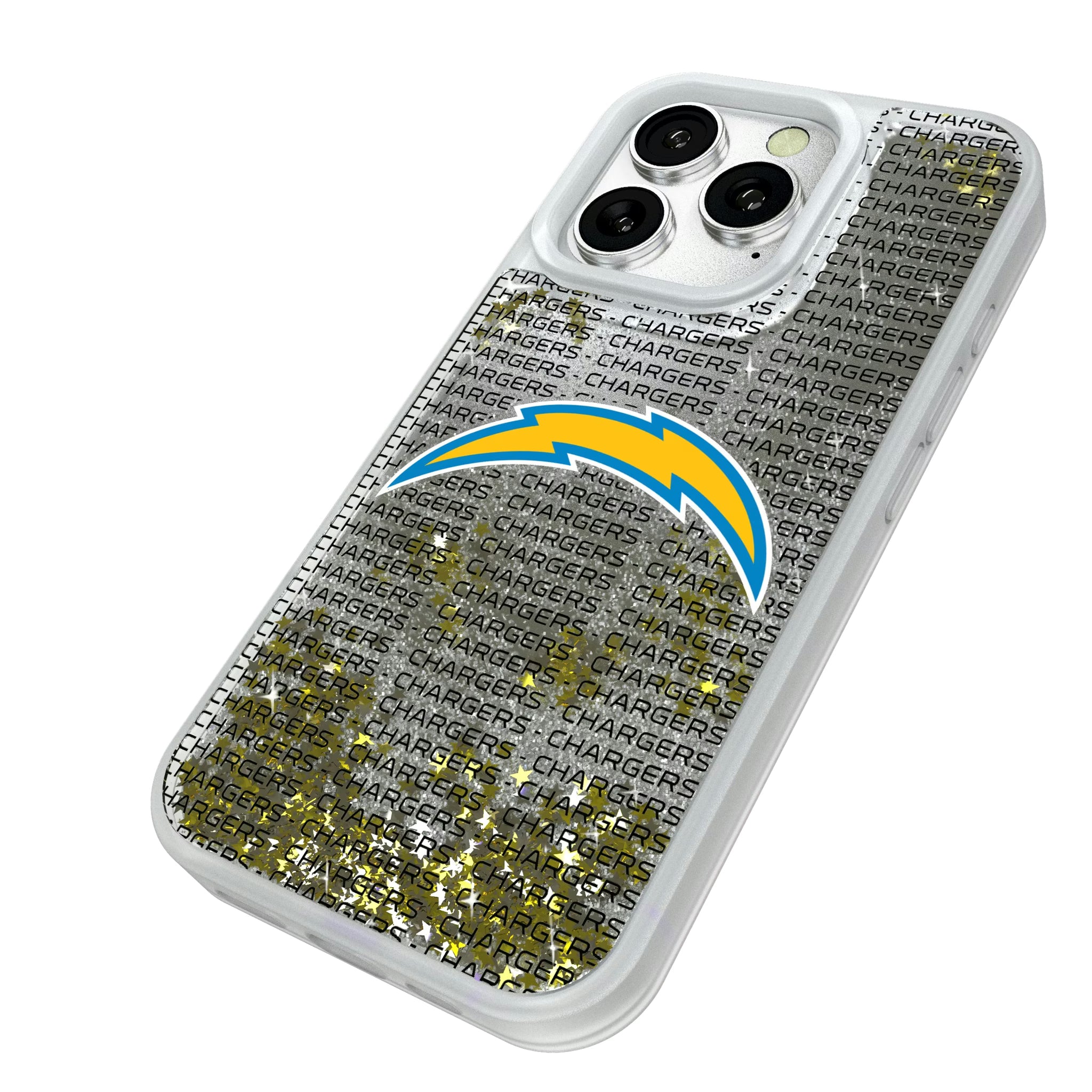 Los Angeles Chargers Text Backdrop iPhone Glitter Phone Case for Apple iPhone - Isometric View#Device_iPhone 16 Pro