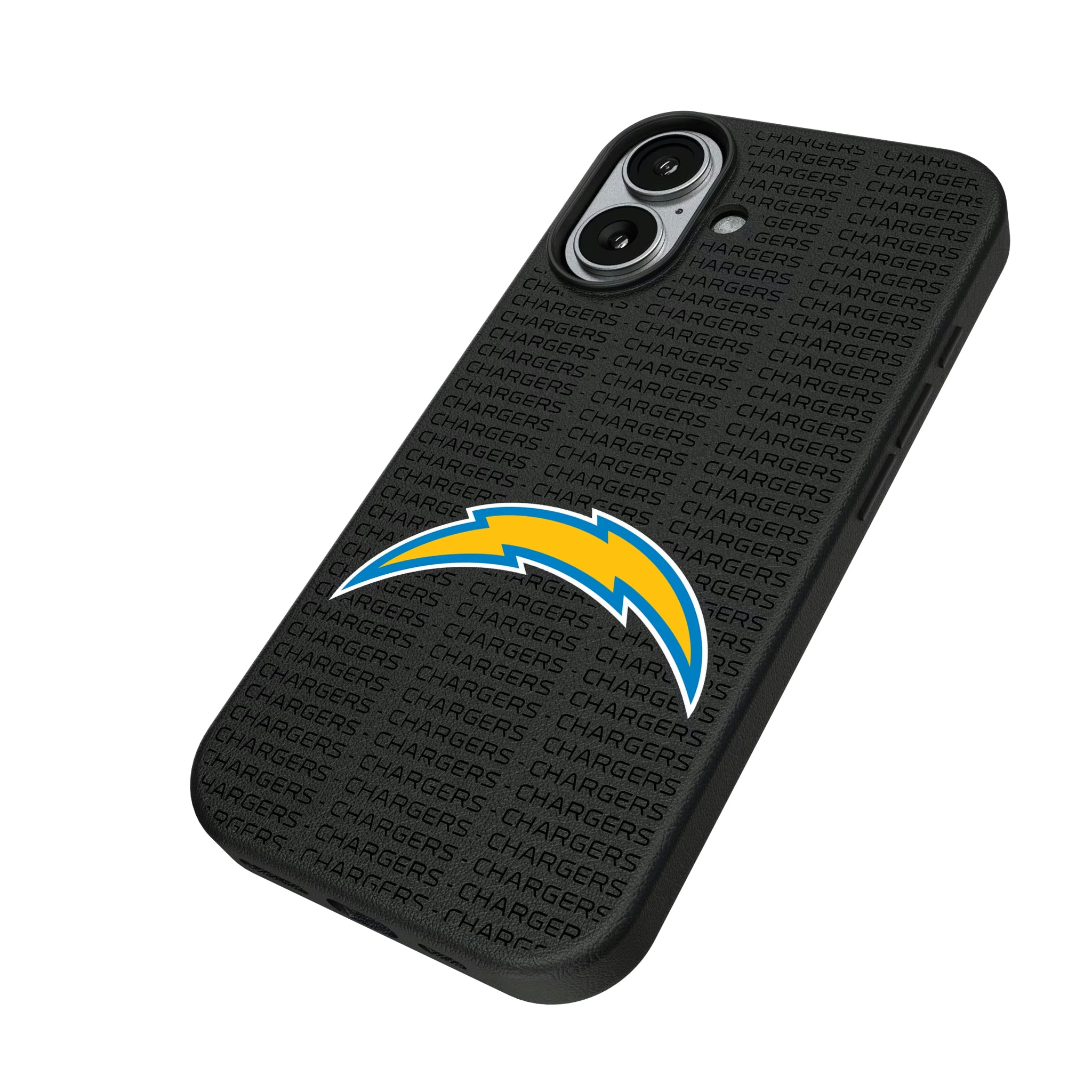 Los Angeles Chargers Text Backdrop iPhone MagSafe Compatible Phone Case for Apple iPhone - Isometric View#Device_iPhone 17