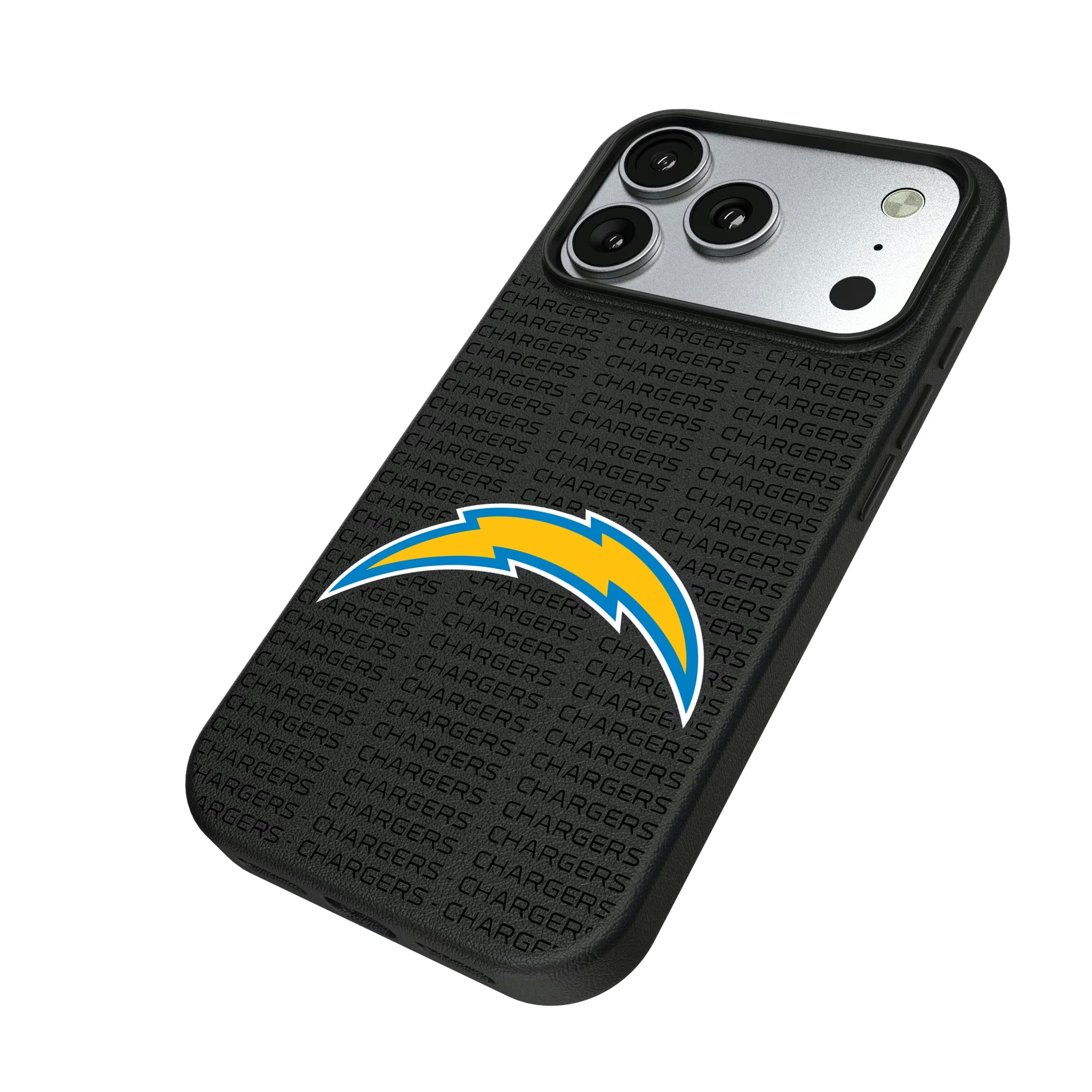 Los Angeles Chargers Text Backdrop iPhone MagSafe Compatible Phone Case for Apple iPhone - Isometric View#Device_iPhone 17 Pro