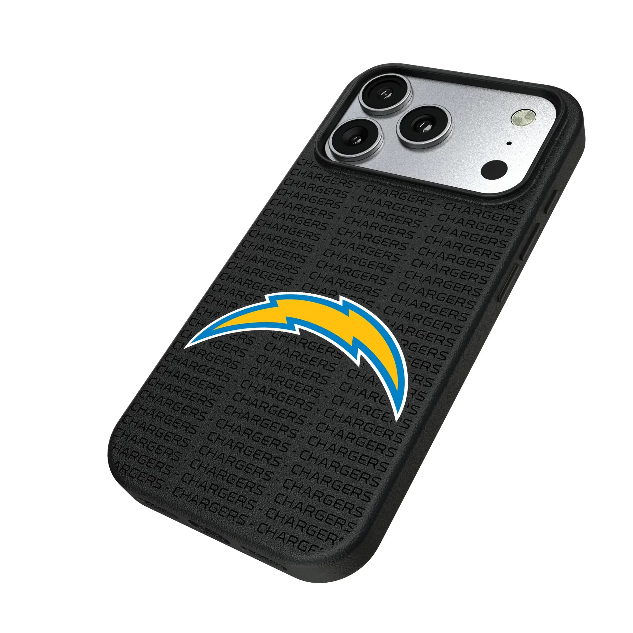 Los Angeles Chargers Text Backdrop iPhone MagSafe Compatible Phone Case for Apple iPhone - Isometric View#Device_iPhone 17 Pro
