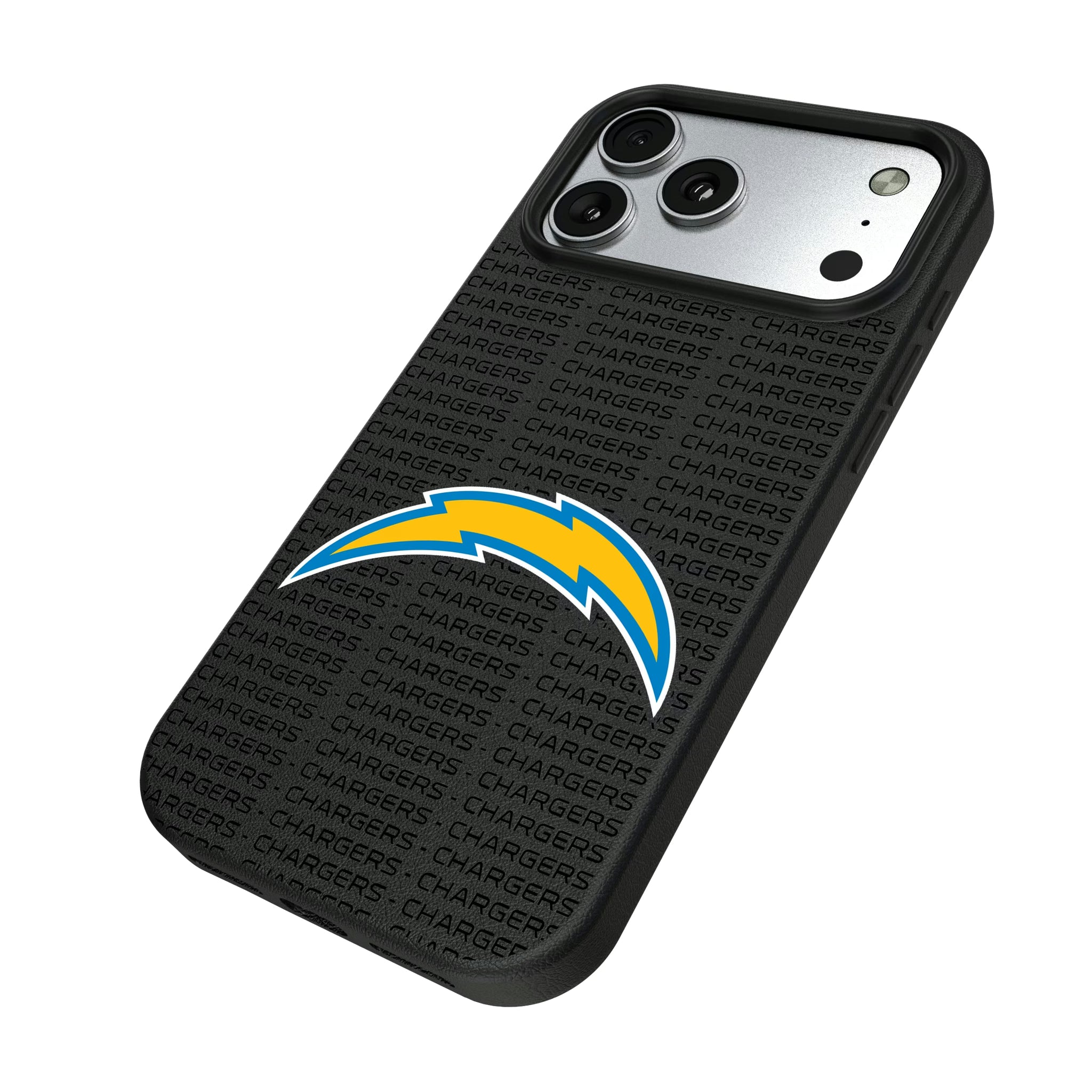 Los Angeles Chargers Text Backdrop iPhone MagSafe Compatible Phone Case for Apple iPhone - Isometric View#Device_iPhone 17 Pro Max