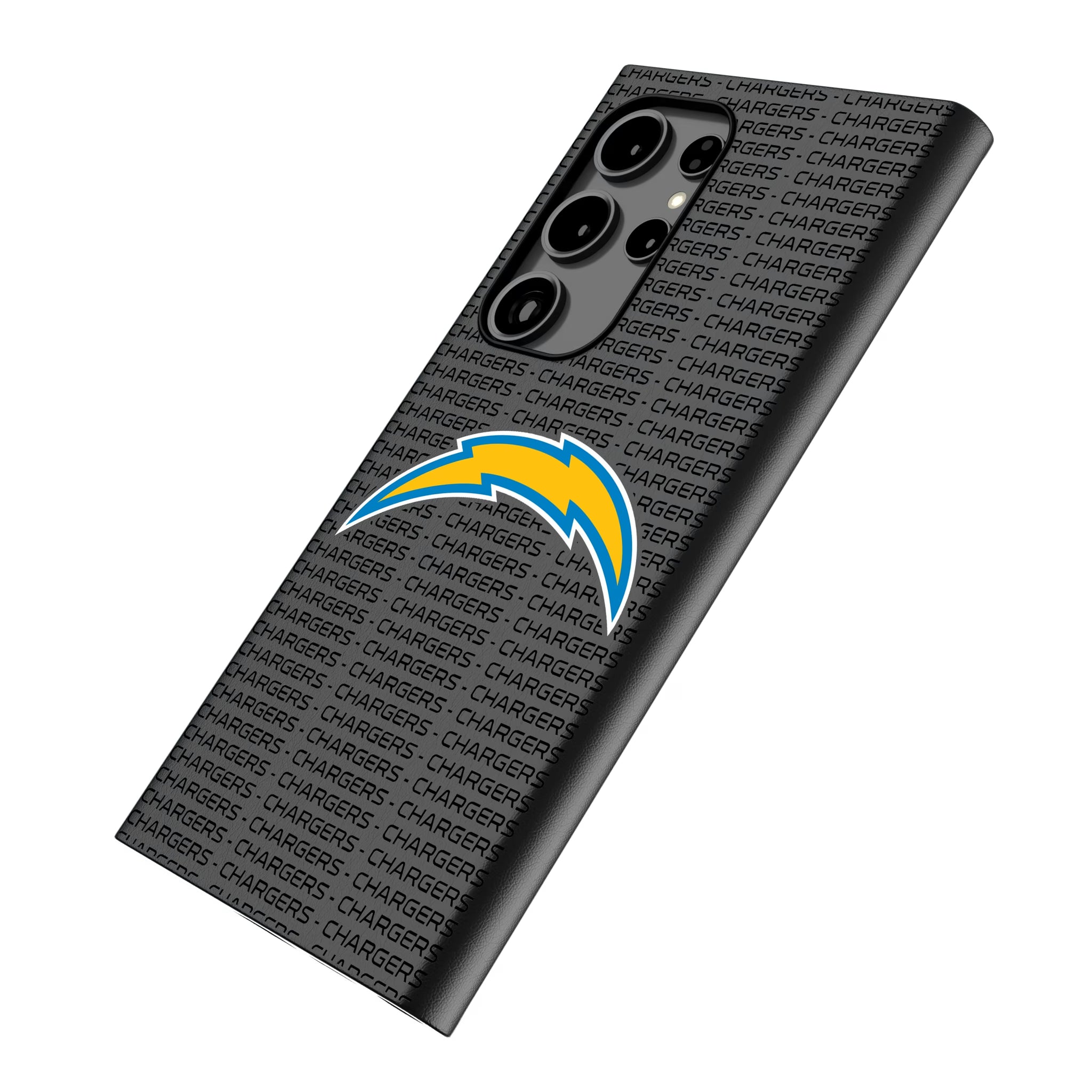 Los Angeles Chargers Text Backdrop Galaxy MagSafe Compatible Phone Case for Samsung Galaxy - Isometric View