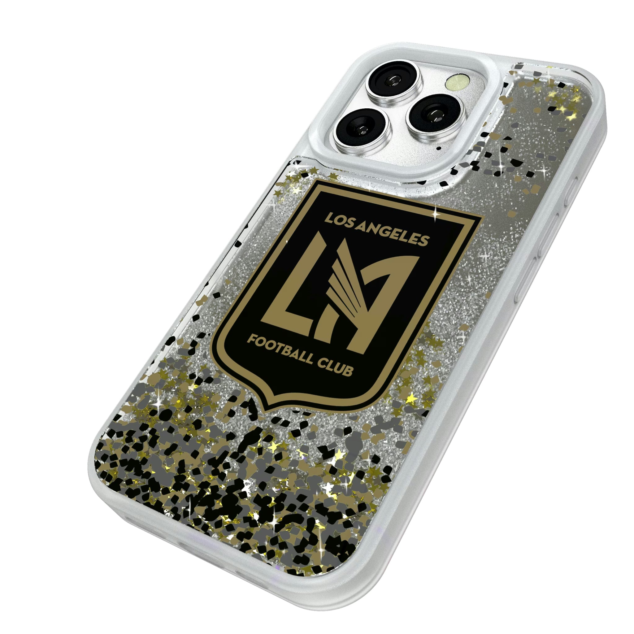 Los Angeles Football Club Confetti iPhone Glitter Phone Case for Apple iPhone - Isometric View#Device_iPhone 16 Pro