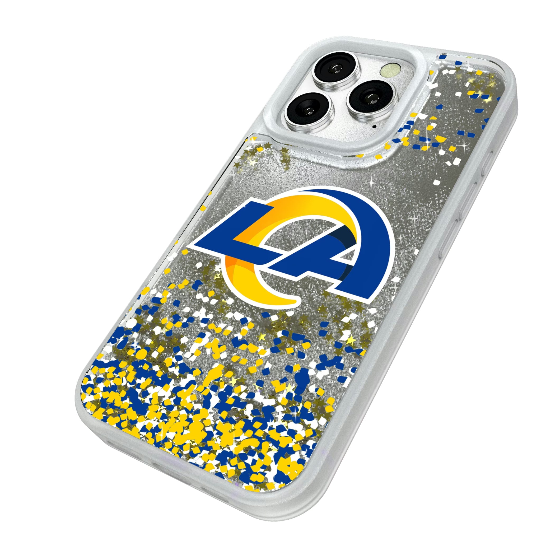 Los Angeles Rams Confetti iPhone Glitter Phone Case for Apple iPhone - Isometric View#Device_iPhone 16 Pro
