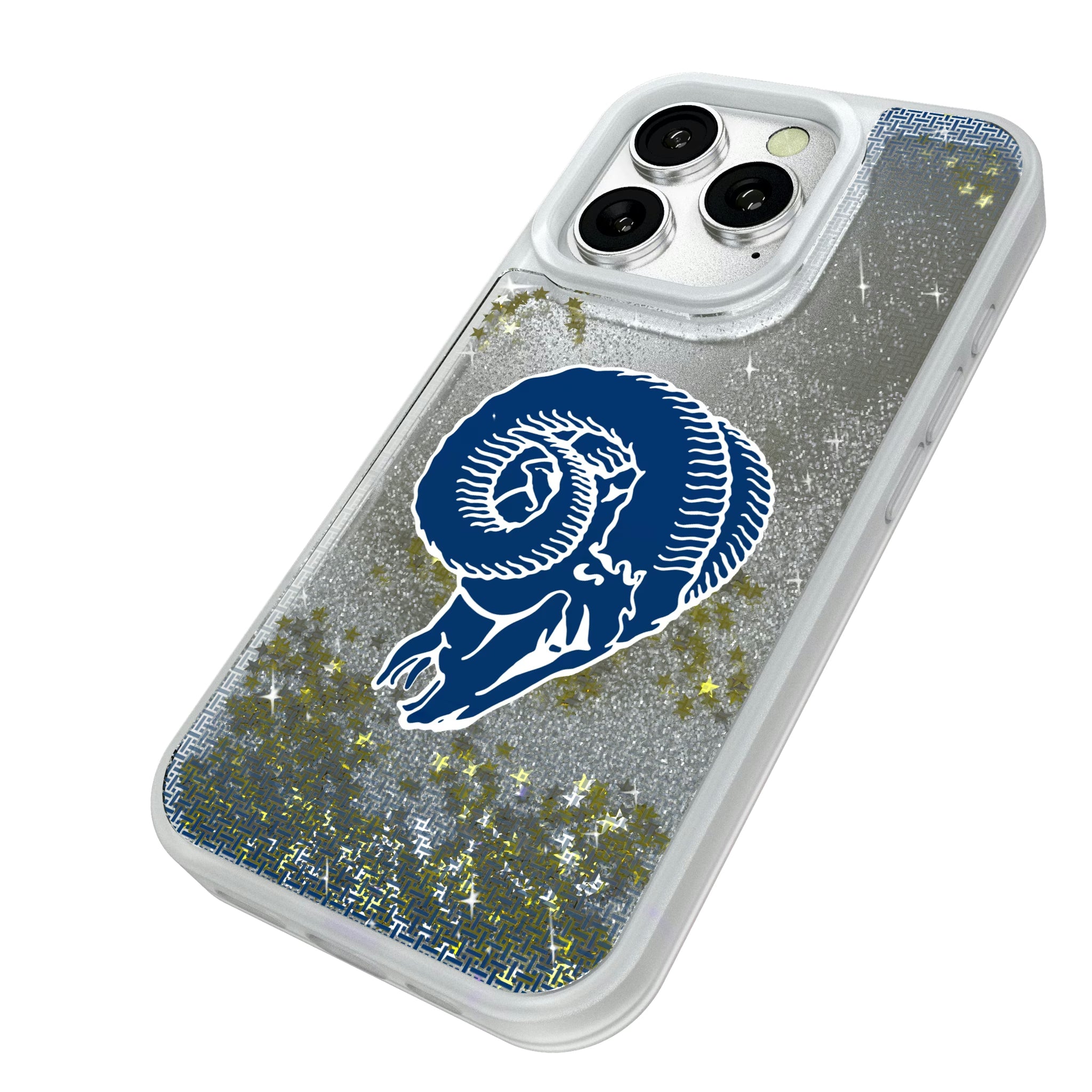 Los Angeles Rams Historic Collection Linen iPhone Glitter Phone Case for Apple iPhone - Isometric View#Device_iPhone 16 Pro