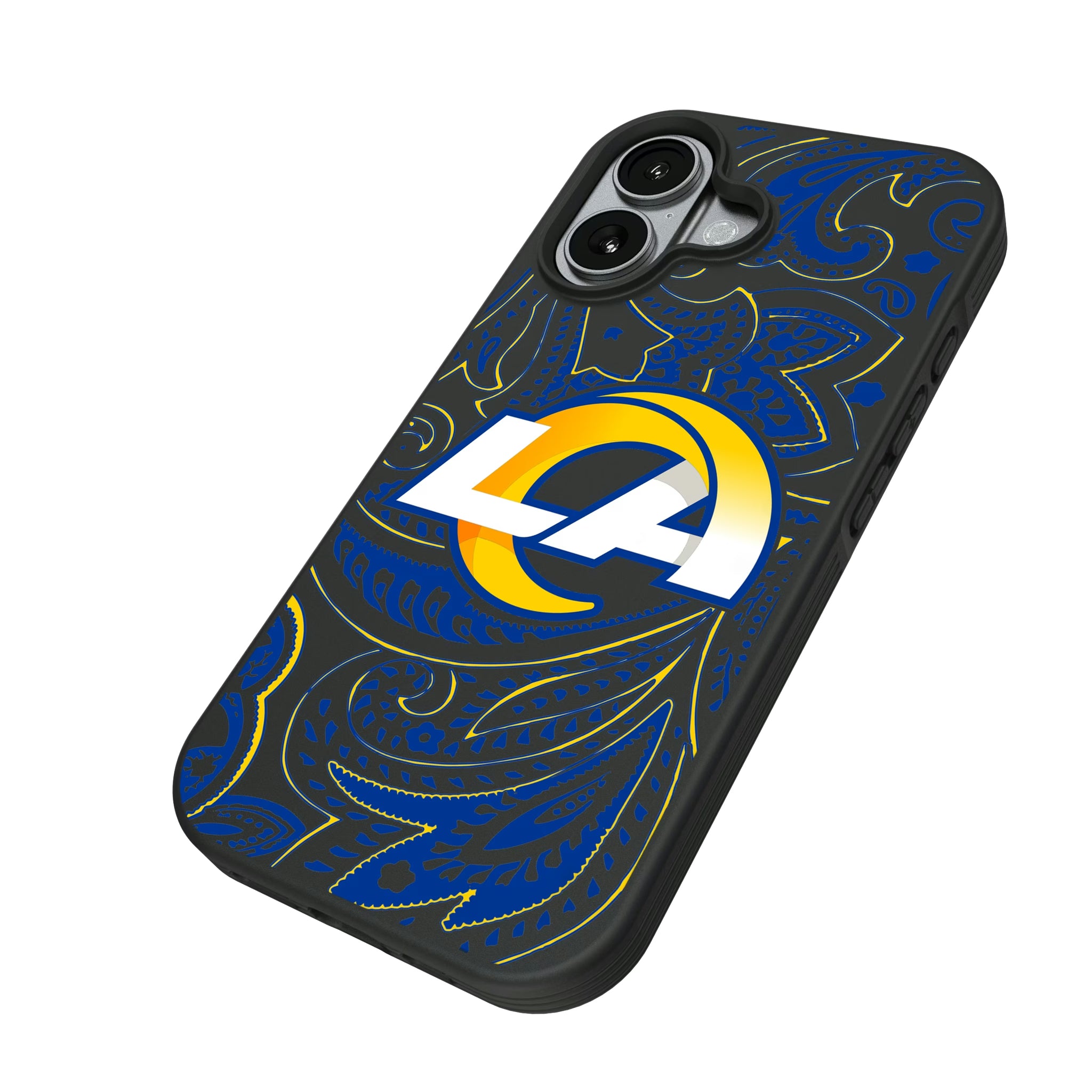 Los Angeles Rams Paisley iPhone Bump Phone Case for Apple iPhone - Isometric View#Device_iPhone 17