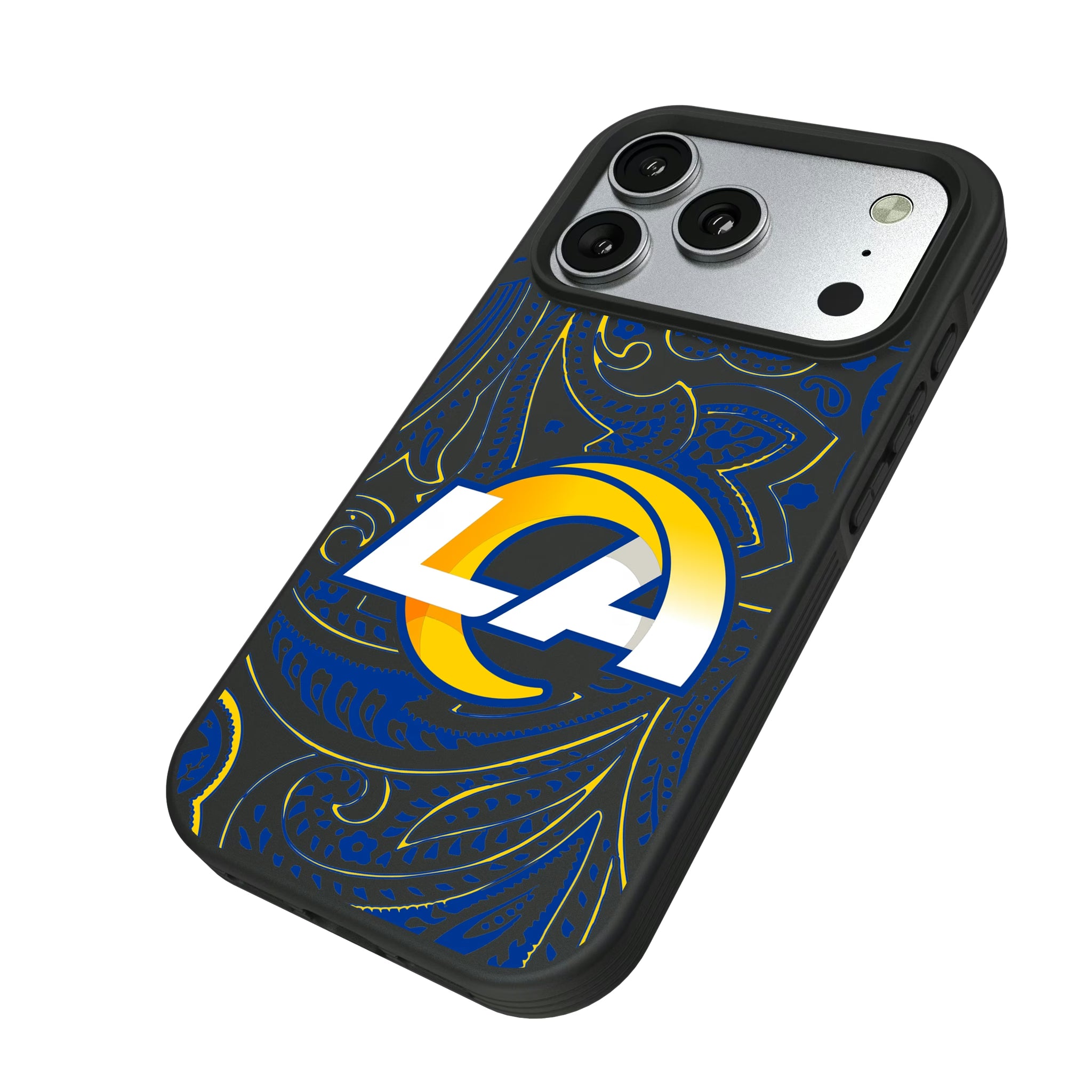 Los Angeles Rams Paisley iPhone Bump Phone Case for Apple iPhone - Isometric View#Device_iPhone 17 Pro