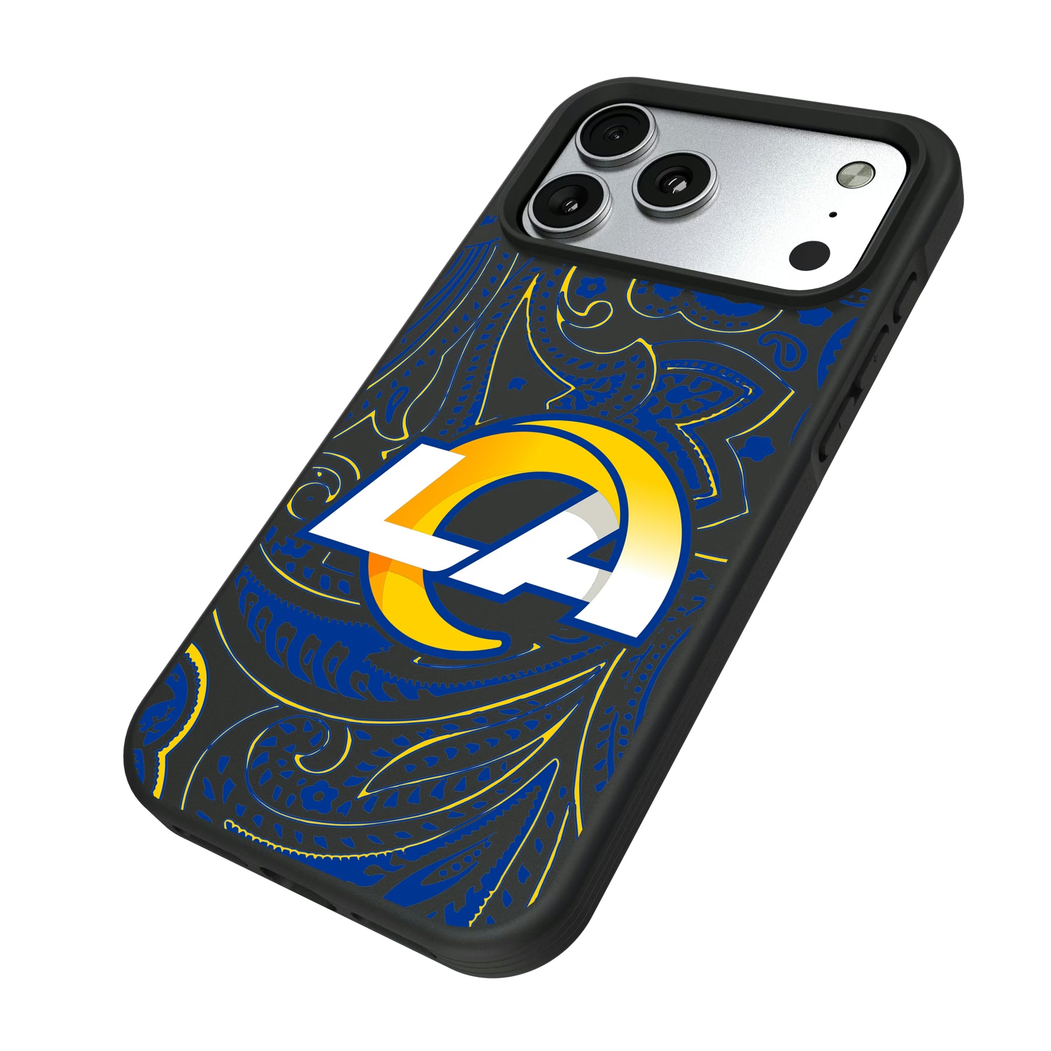 Los Angeles Rams Paisley iPhone Bump Phone Case for Apple iPhone - Isometric View#Device_iPhone 17 Pro Max
