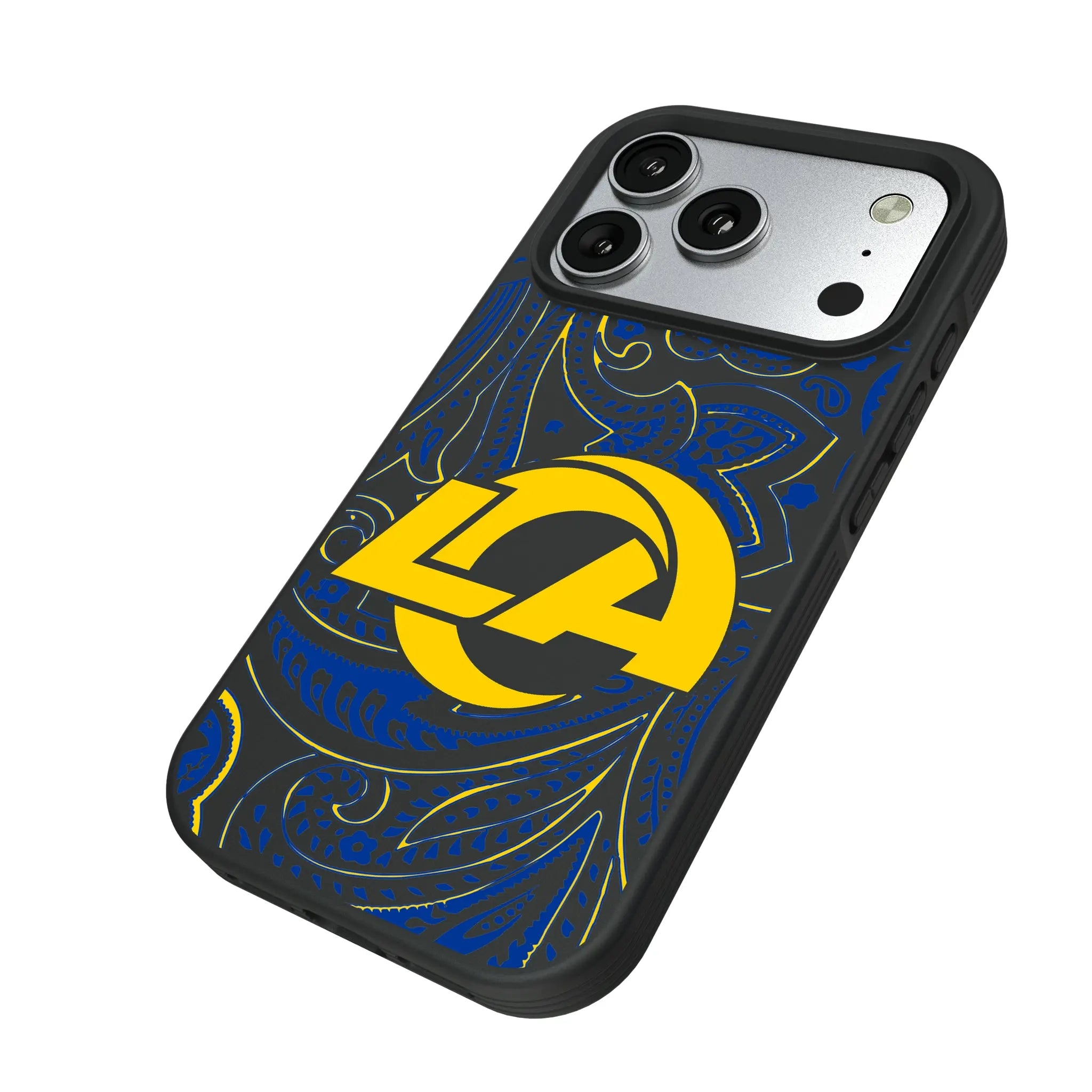 Los Angeles Rams Paisley iPhone Bump Phone Case for Apple iPhone - Isometric View#Device_iPhone 17 Pro