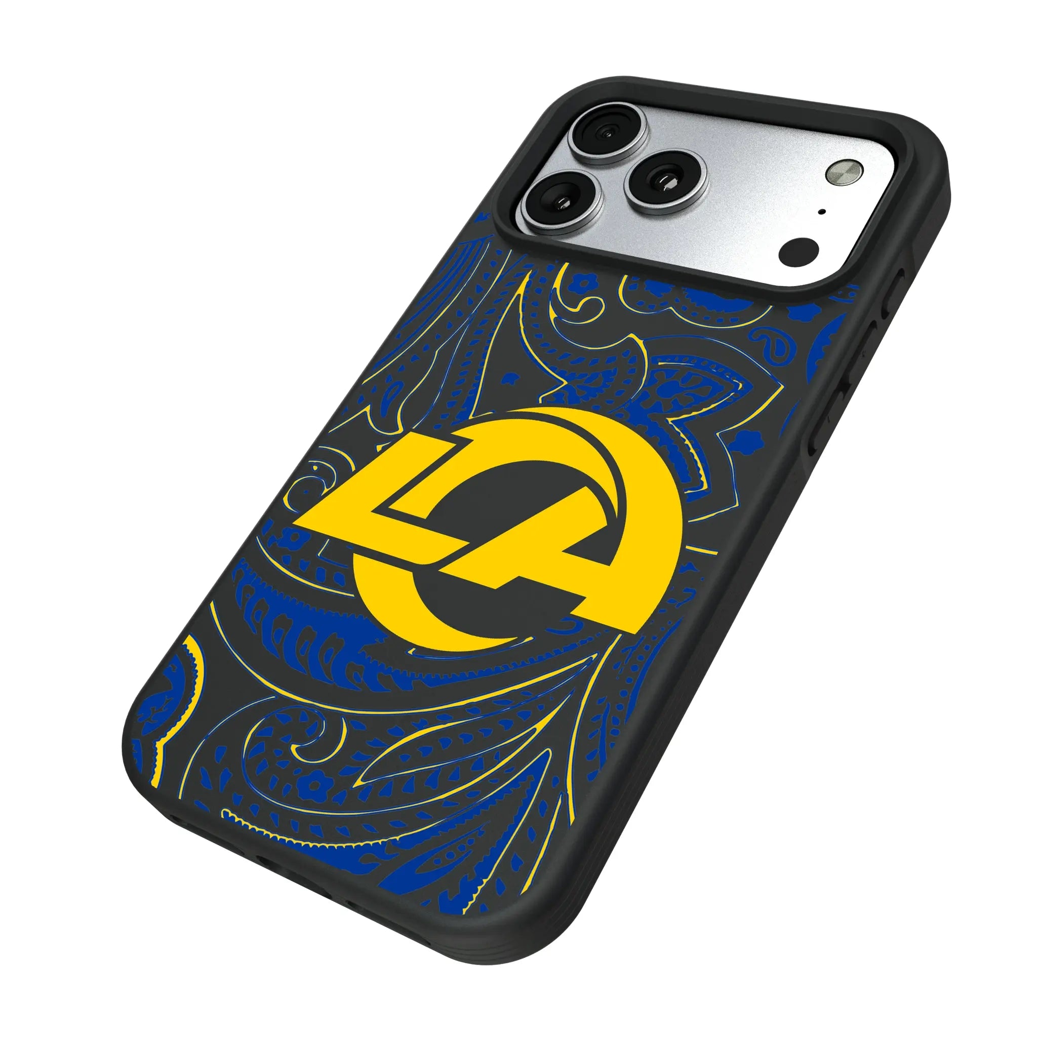 Los Angeles Rams Paisley iPhone Bump Phone Case for Apple iPhone - Isometric View#Device_iPhone 17 Pro Max