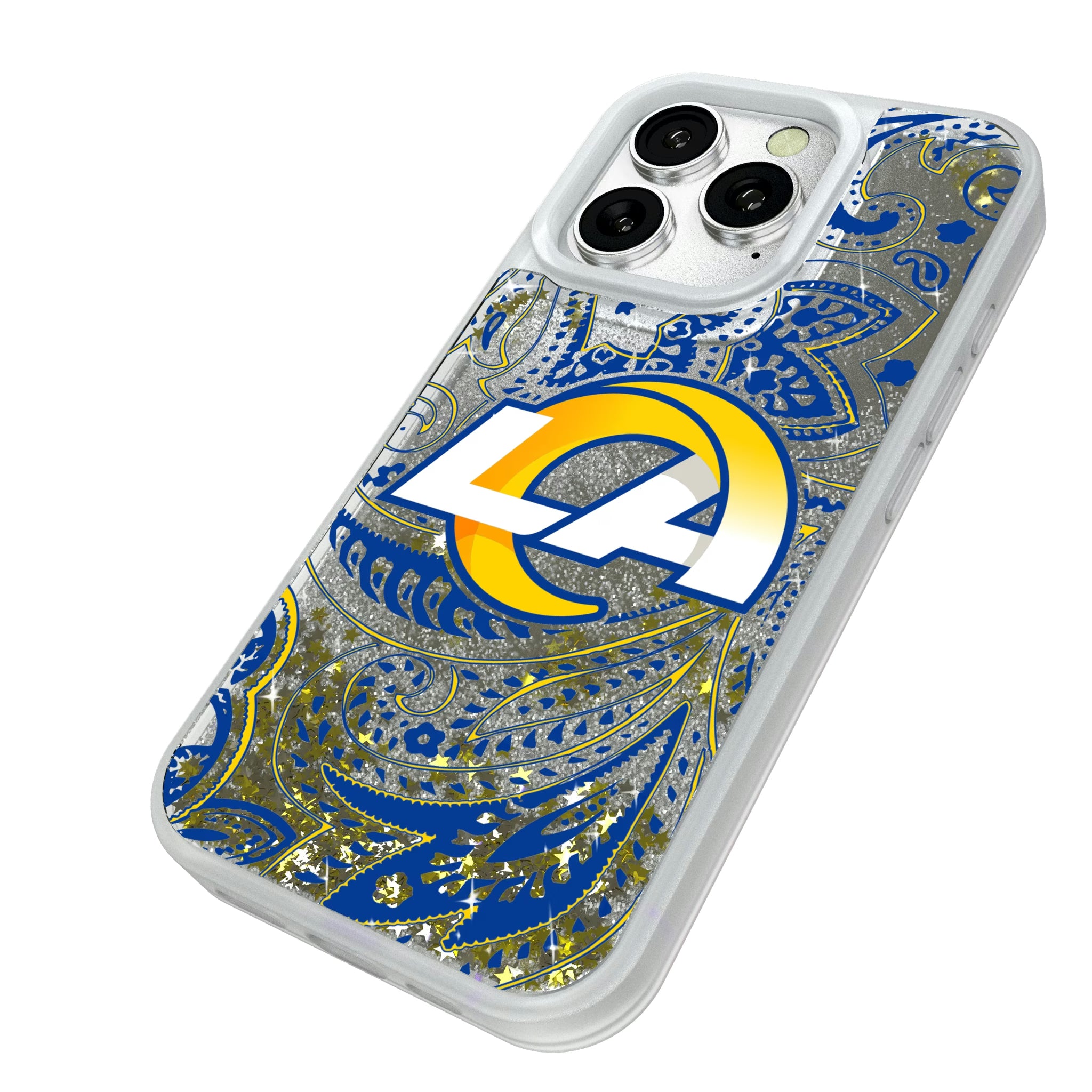 Los Angeles Rams Paisley iPhone Glitter Phone Case for Apple iPhone - Isometric View#Device_iPhone 16 Pro