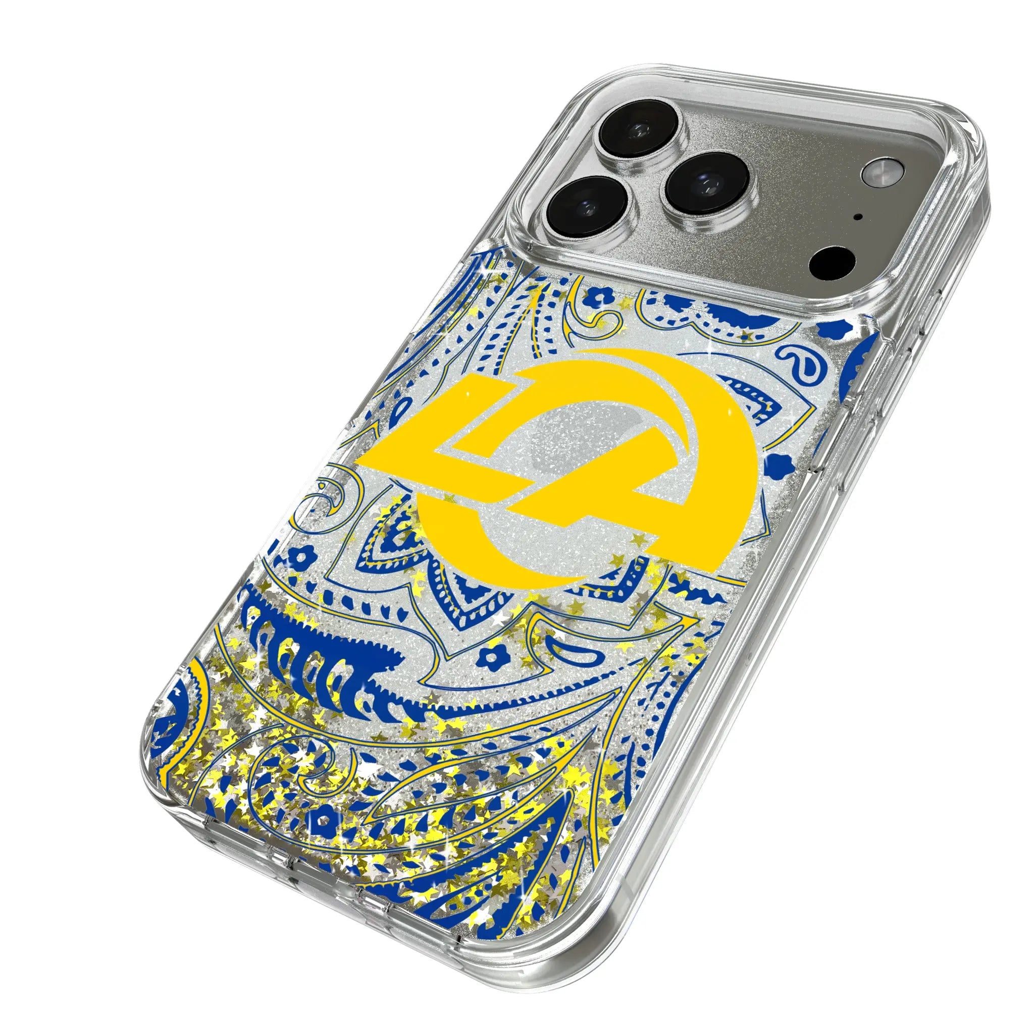 Los Angeles Rams Paisley iPhone Glitter Phone Case for Apple iPhone - Isometric View