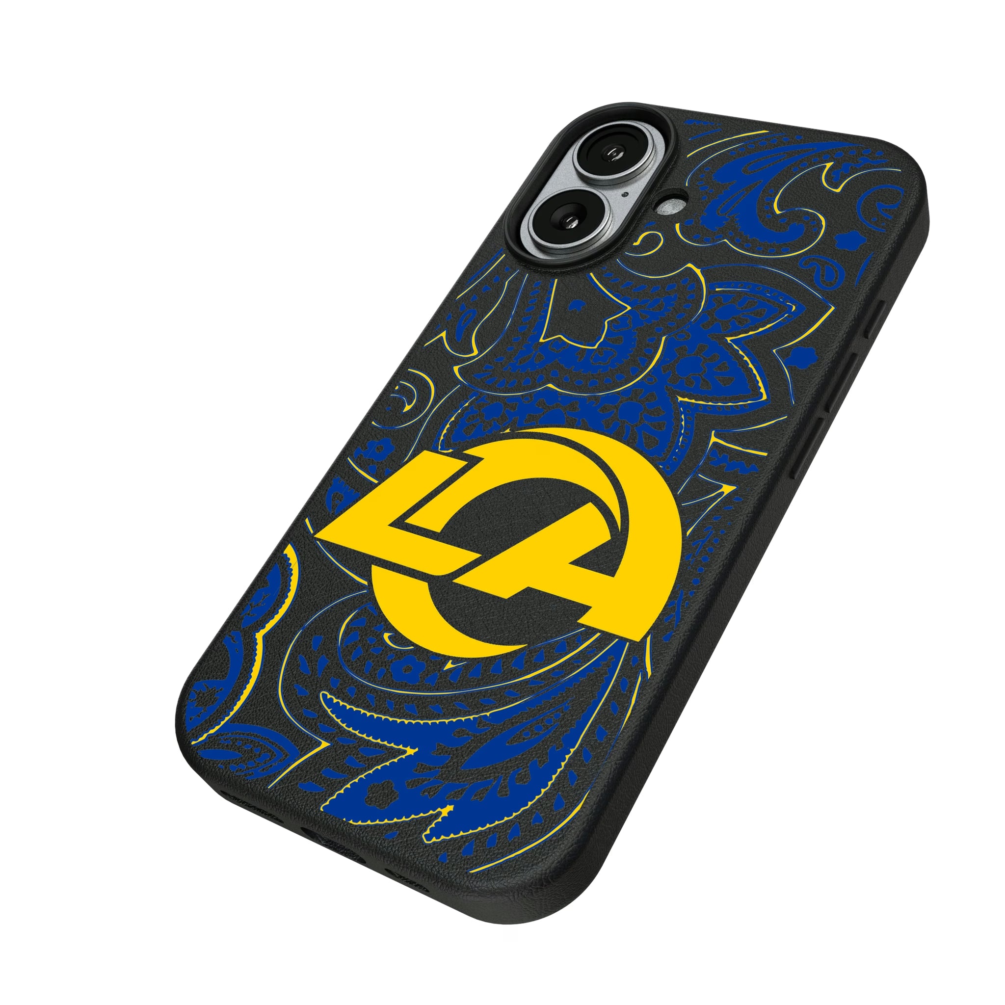Los Angeles Rams Paisley iPhone MagSafe Compatible Phone Case for Apple iPhone - Isometric View#Device_iPhone 17