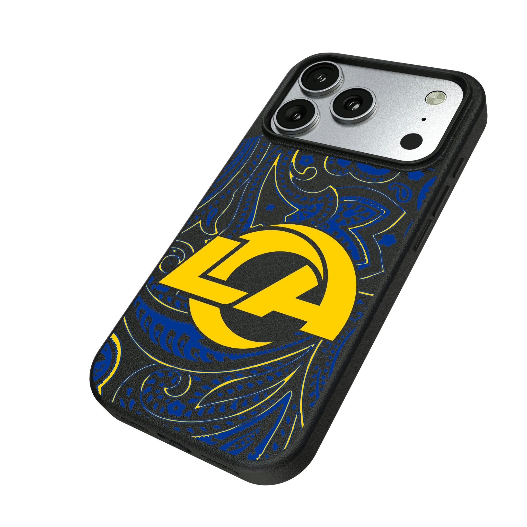 Los Angeles Rams Paisley iPhone MagSafe Compatible Phone Case for Apple iPhone - Isometric View#Device_iPhone 17 Pro