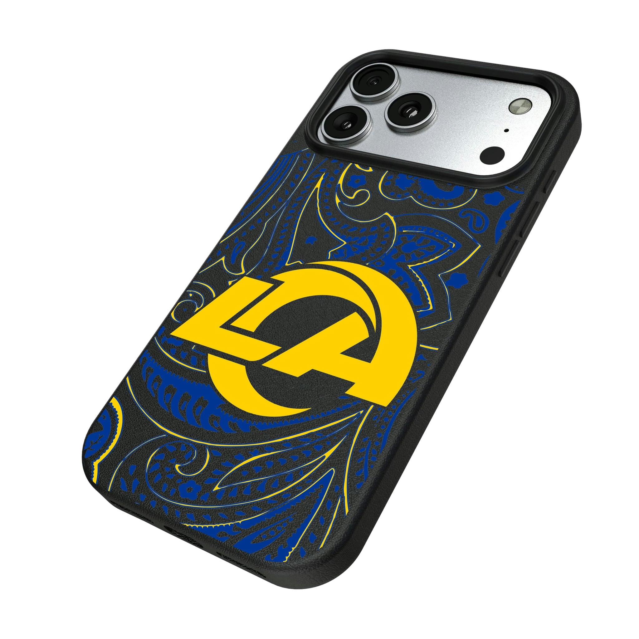 Los Angeles Rams Paisley iPhone MagSafe Compatible Phone Case for Apple iPhone - Isometric View#Device_iPhone 17 Pro Max