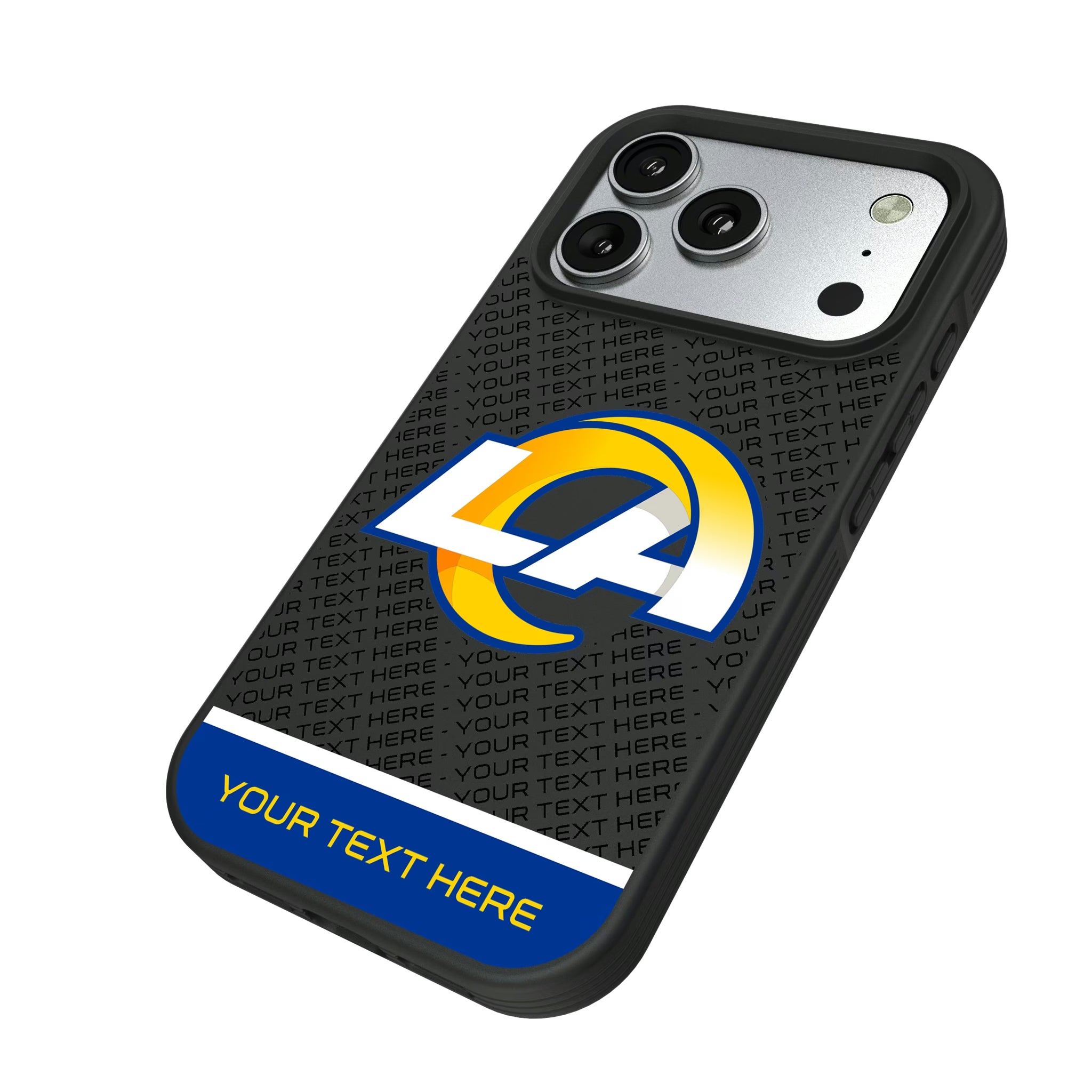 Los Angeles Rams Personalized EndZone Plus iPhone Bump Phone Case for Apple iPhone - Isometric View#Device_iPhone 17 Pro