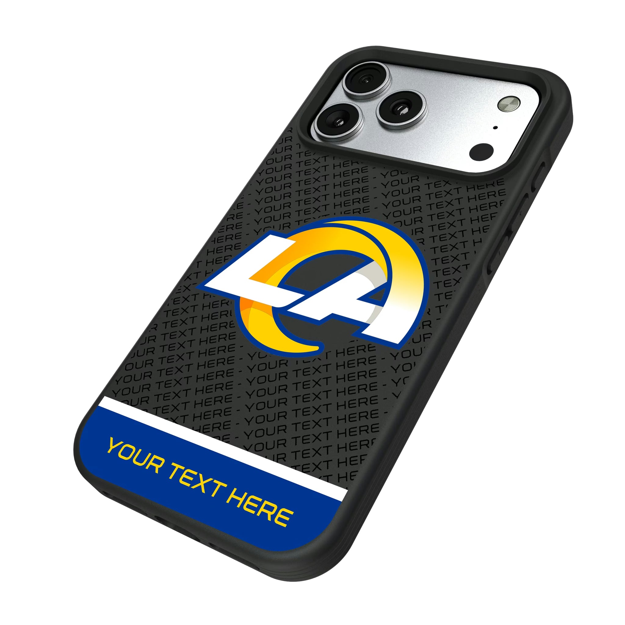 Los Angeles Rams Personalized EndZone Plus iPhone Bump Phone Case for Apple iPhone - Isometric View#Device_iPhone 17 Pro Max