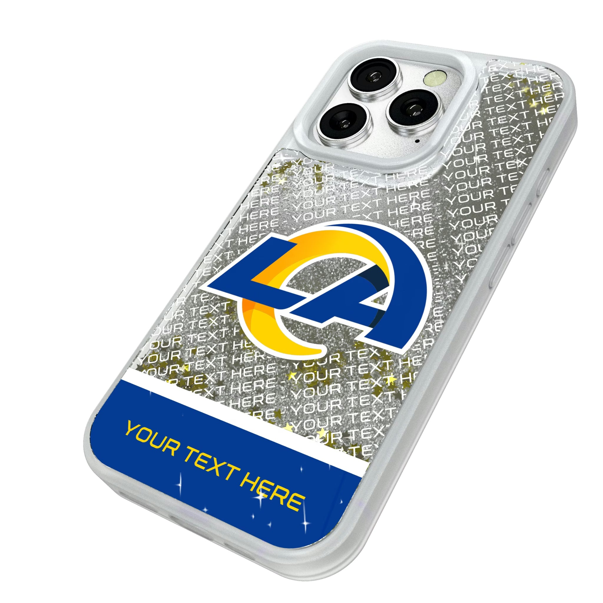 Los Angeles Rams Personalized EndZone Plus iPhone Glitter Phone Case for Apple iPhone - Isometric View#Device_iPhone 16 Pro