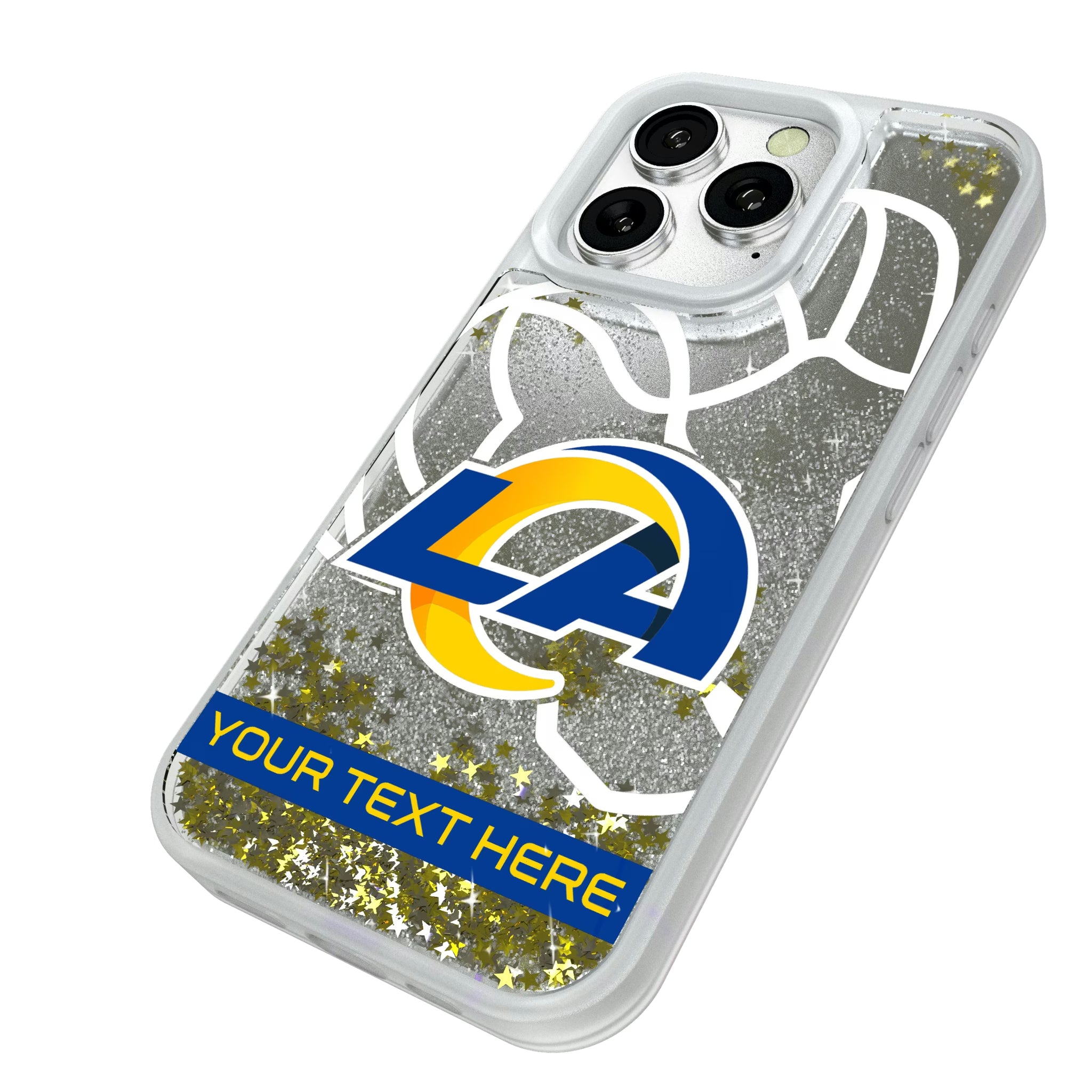 Los Angeles Rams Personalized Tilt iPhone Glitter Phone Case for Apple iPhone - Isometric View#Device_iPhone 16 Pro