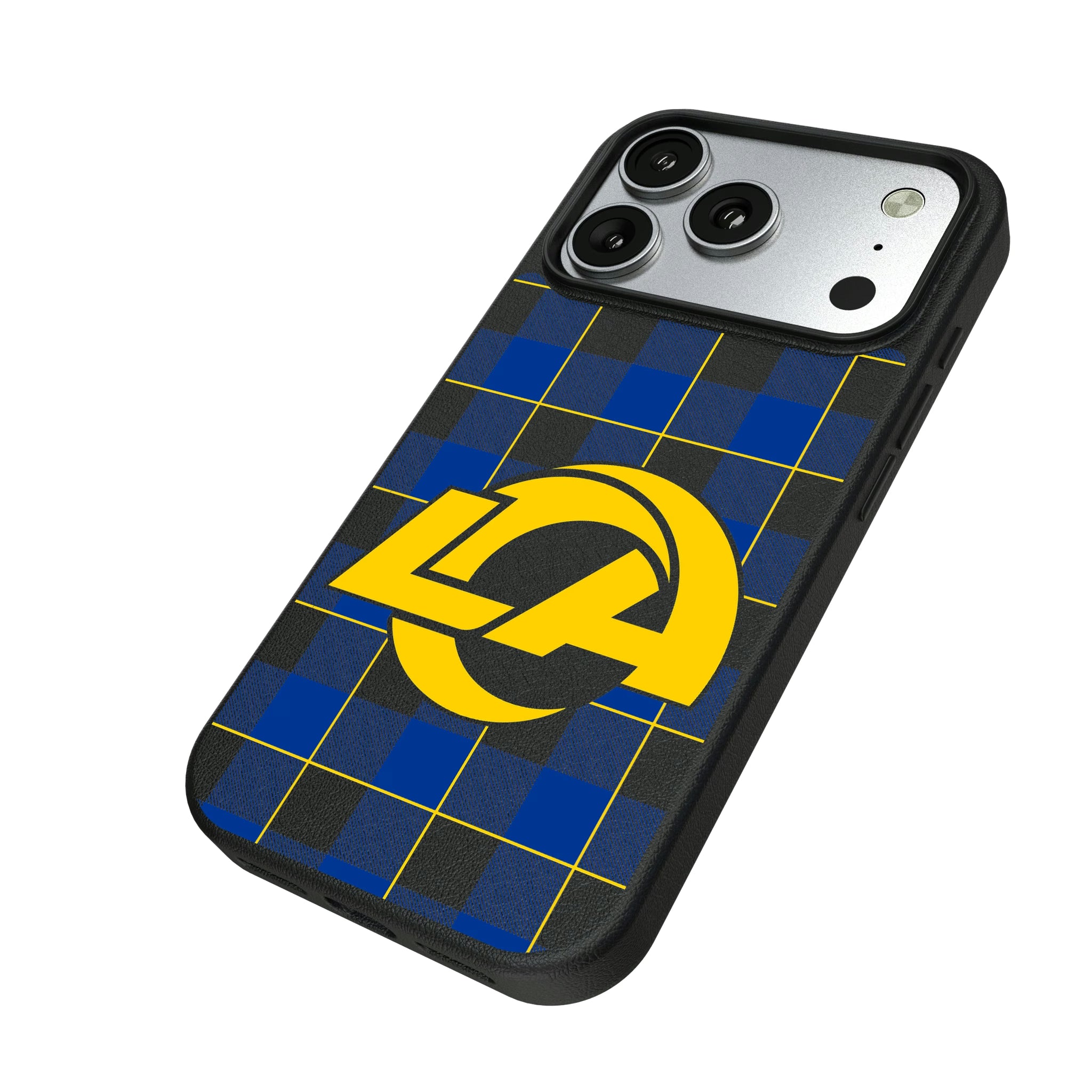 Los Angeles Rams Plaid iPhone MagSafe Compatible Phone Case for Apple iPhone - Isometric View#Device_iPhone 17 Pro