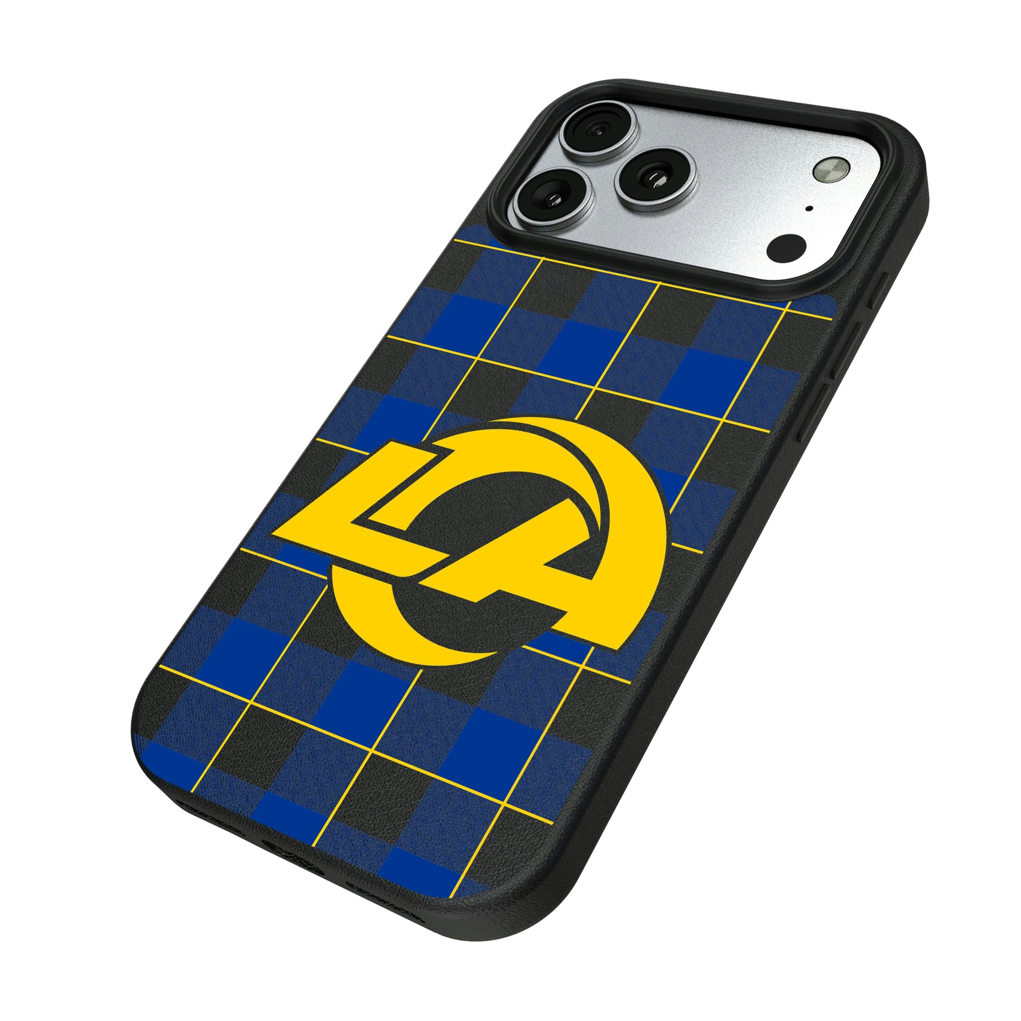 Los Angeles Rams Plaid iPhone MagSafe Compatible Phone Case for Apple iPhone - Isometric View#Device_iPhone 17 Pro Max