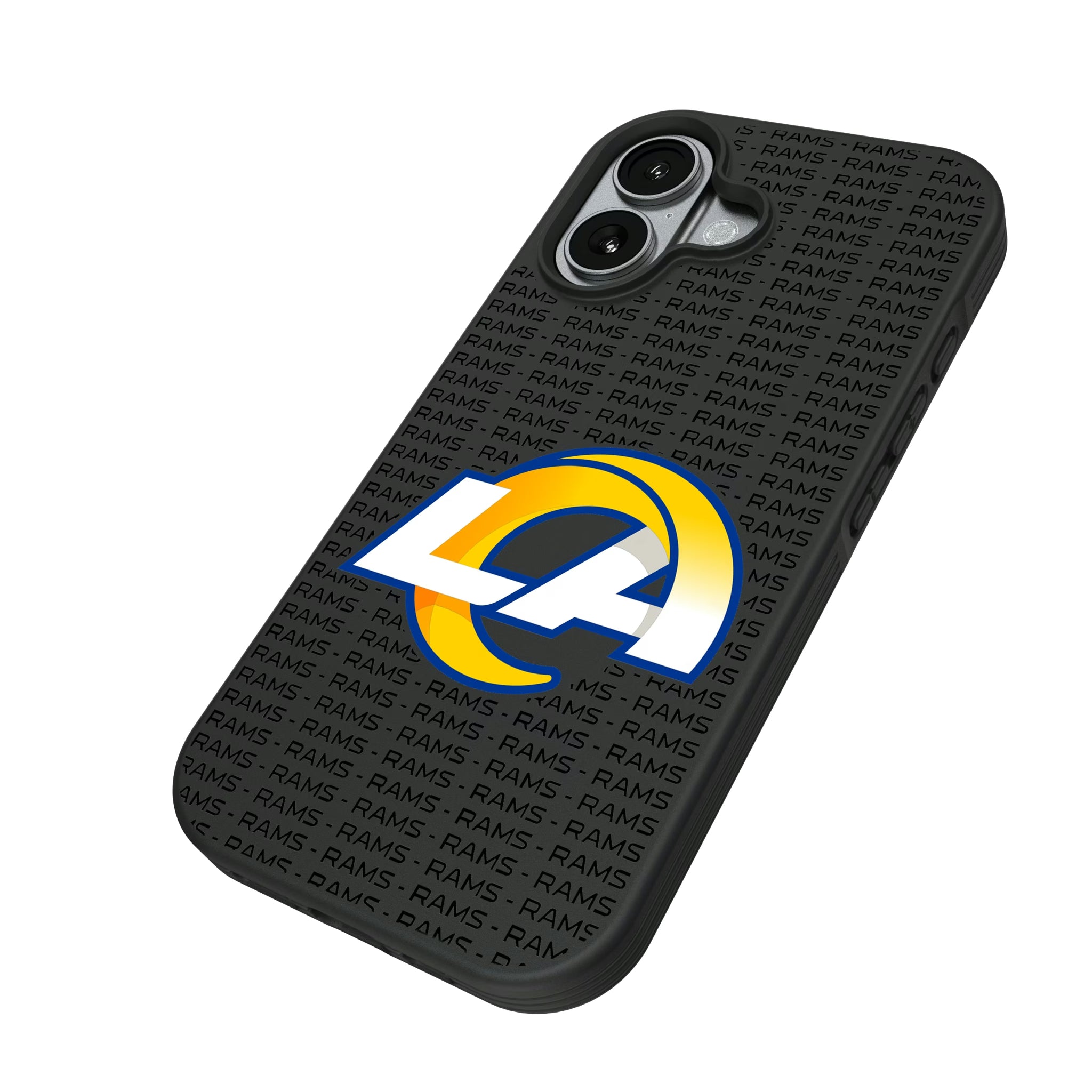Los Angeles Rams Text Backdrop iPhone Bump Phone Case for Apple iPhone - Isometric View#Device_iPhone 17