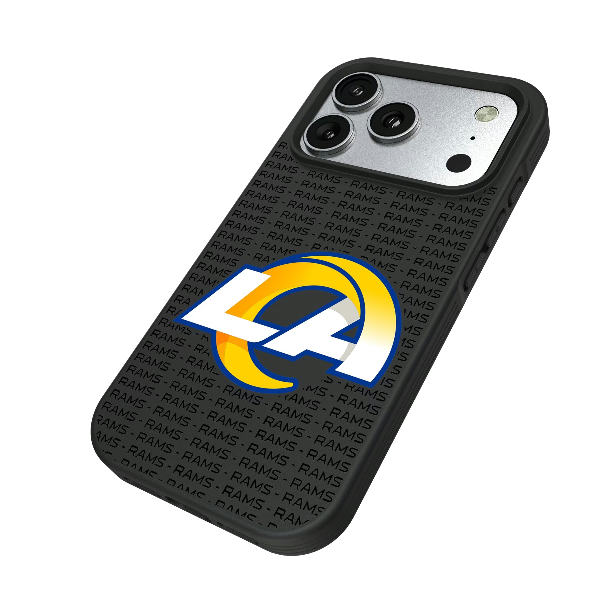 Los Angeles Rams Text Backdrop iPhone Bump Phone Case for Apple iPhone - Isometric View#Device_iPhone 17 Pro
