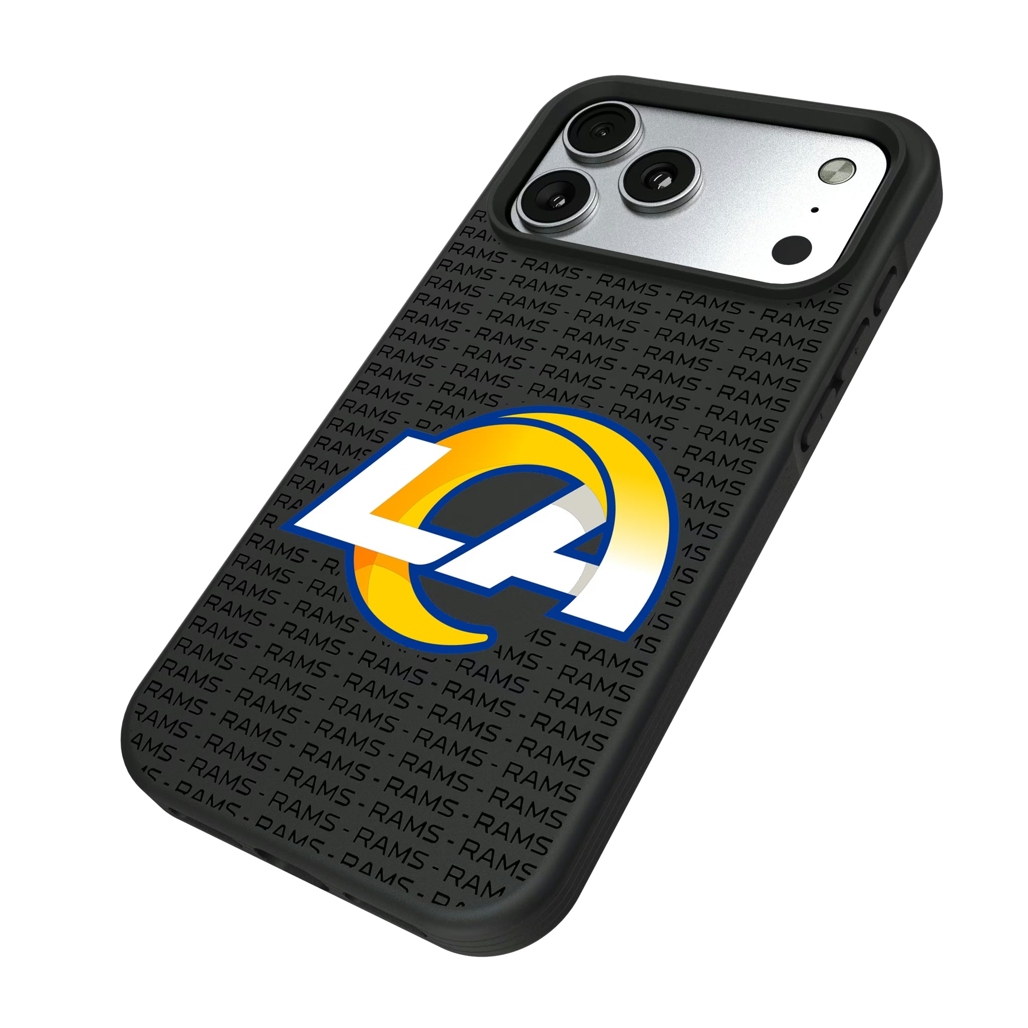 Los Angeles Rams Text Backdrop iPhone Bump Phone Case for Apple iPhone - Isometric View#Device_iPhone 17 Pro Max