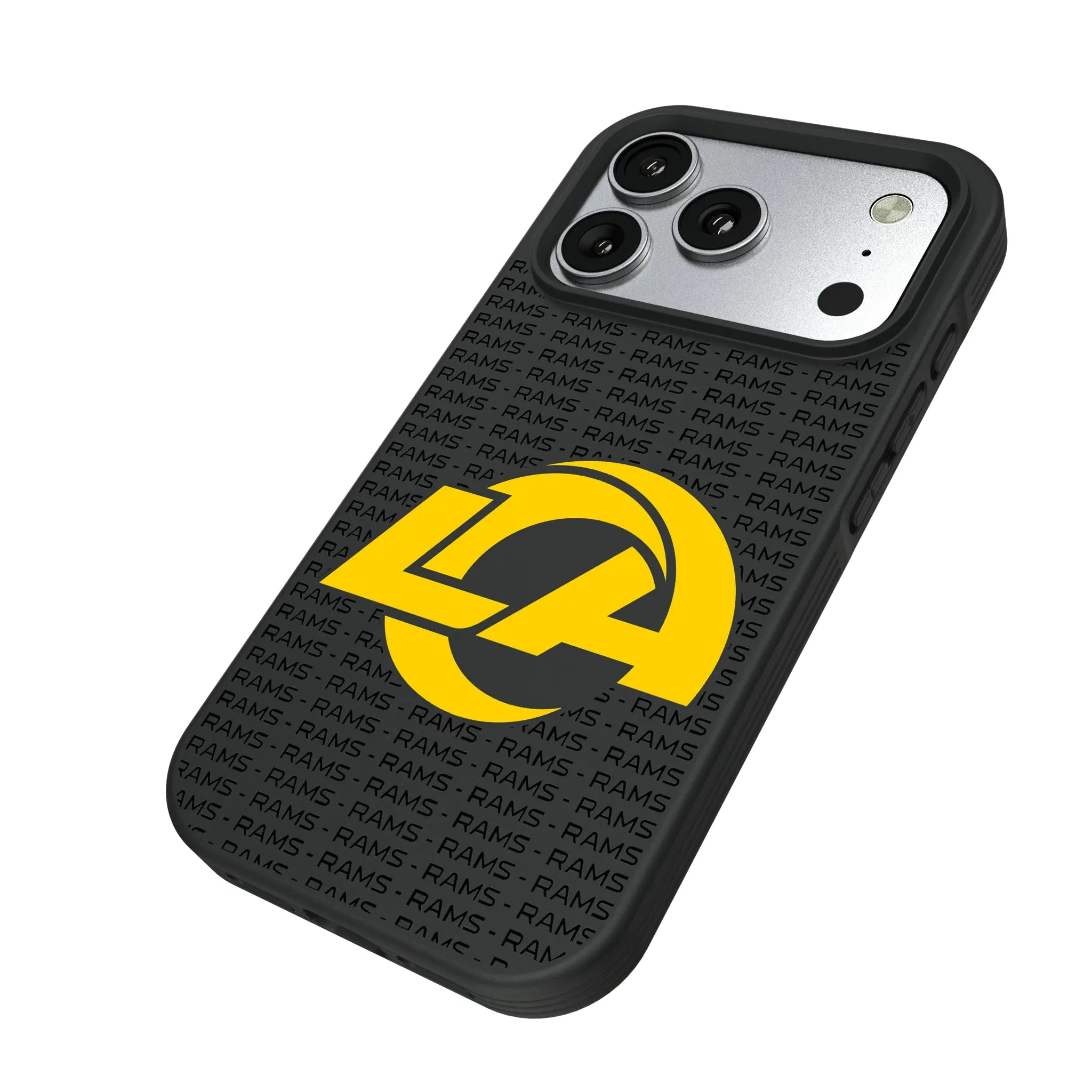 Los Angeles Rams Text Backdrop iPhone Bump Phone Case for Apple iPhone - Isometric View#Device_iPhone 17 Pro