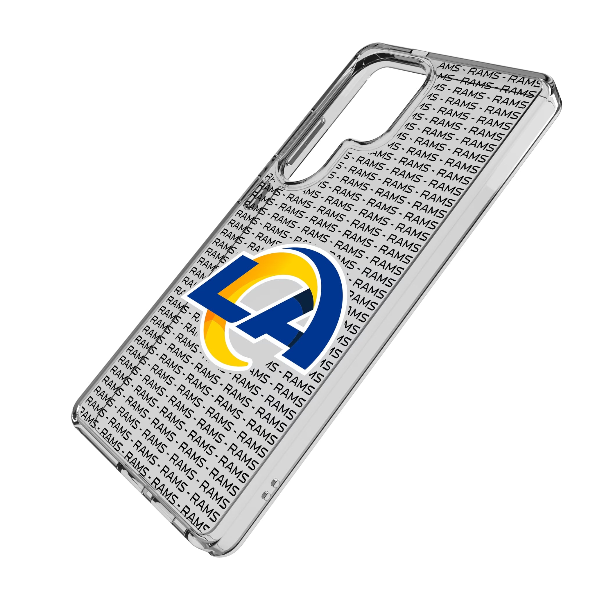 Los Angeles Rams Text Backdrop Galaxy Clear Phone Case for Samsung Galaxy - Isometric View