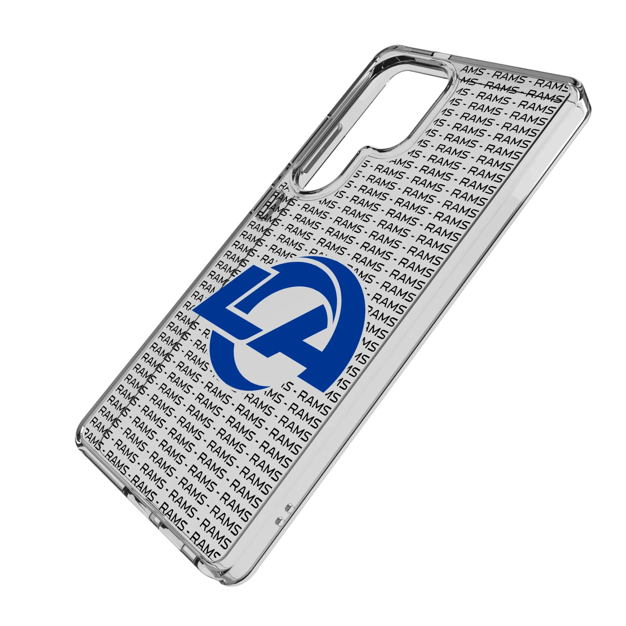 Los Angeles Rams Text Backdrop Galaxy Clear Phone Case for Samsung Galaxy - Isometric View#Device_Galaxy S25 Ultra